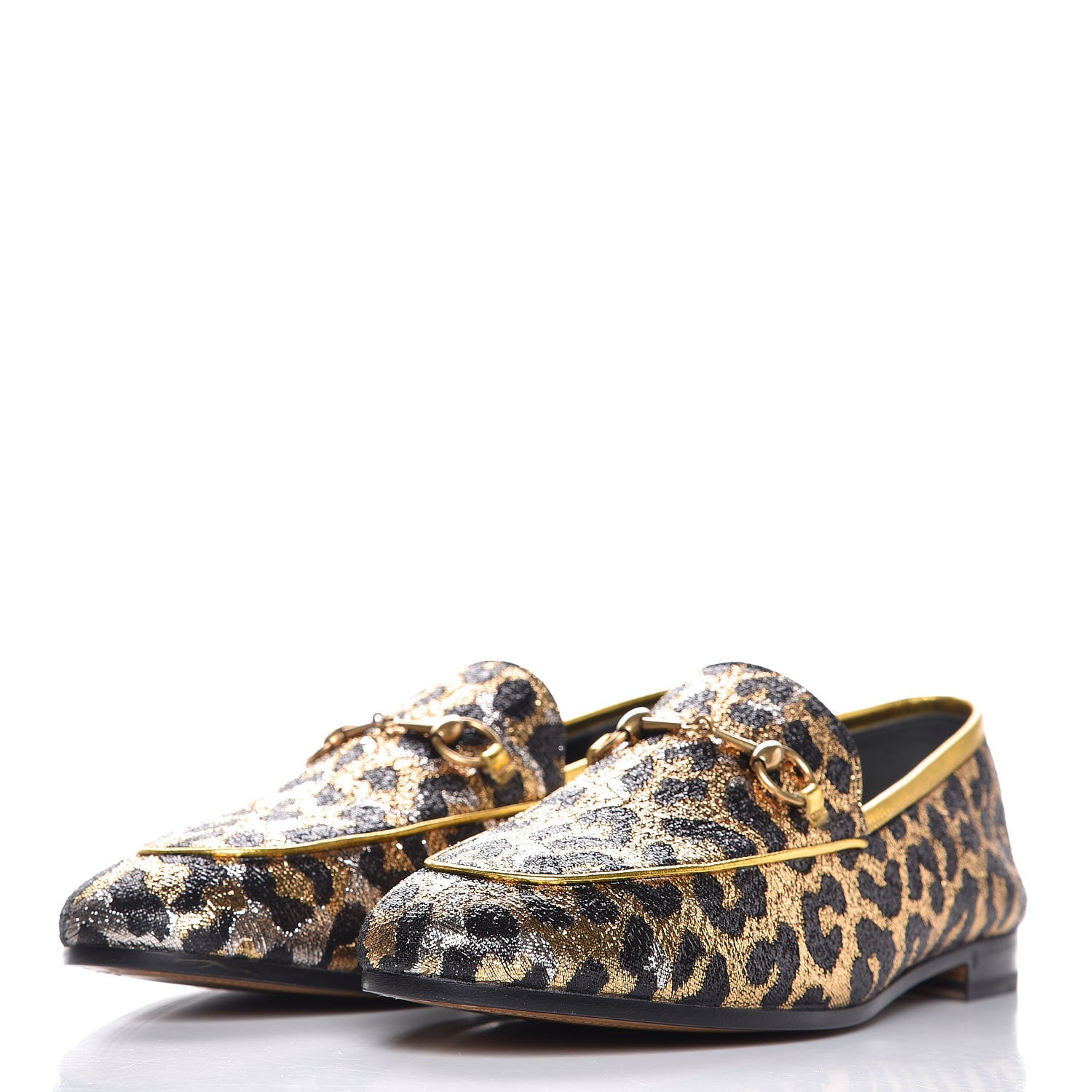 GUCCI Leopard Print Jacquard Horsebit Jordaan Loafers 41 Gold 281211