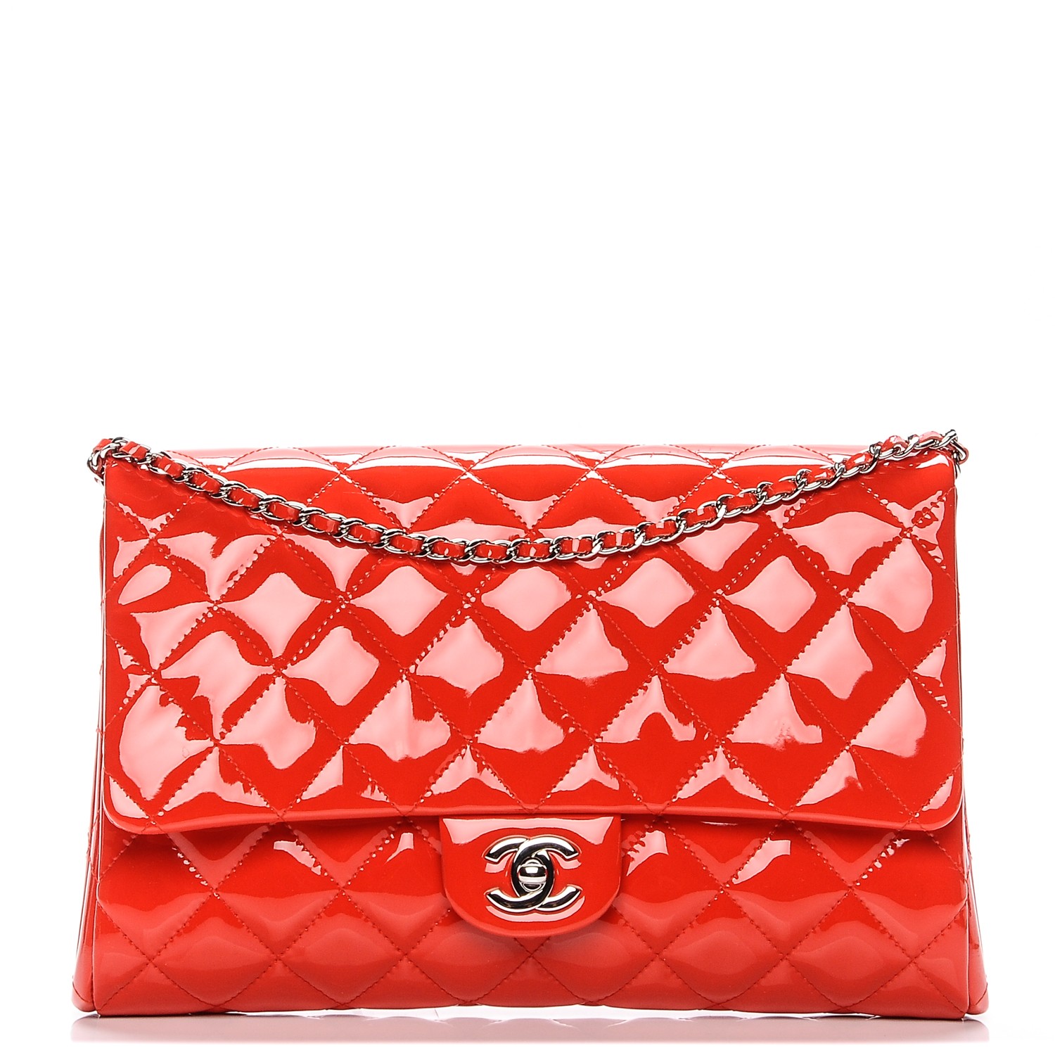 CHANEL Patent Quilted Clutch with Chain Flap Red 190900