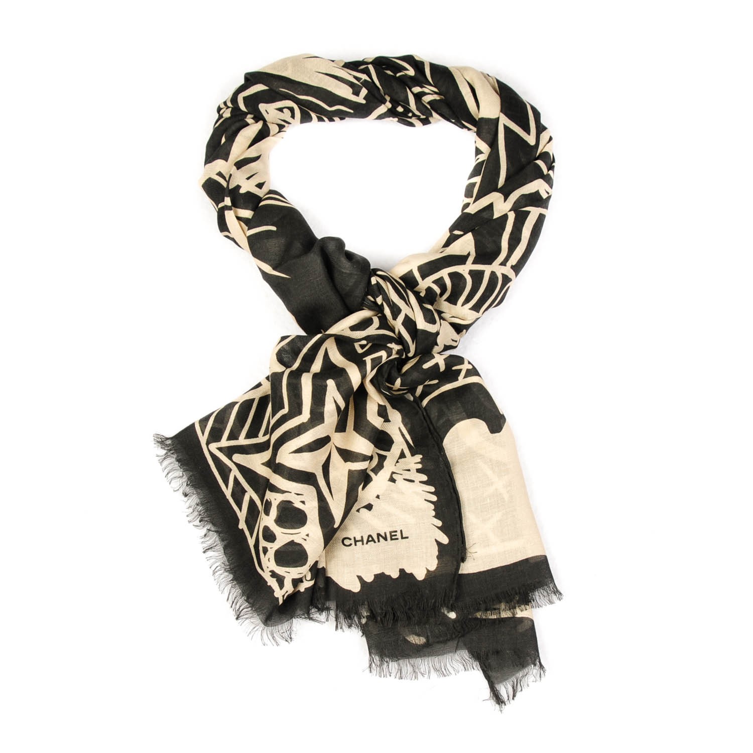 CHANEL Modal Cashmere Scarf Black White 152902