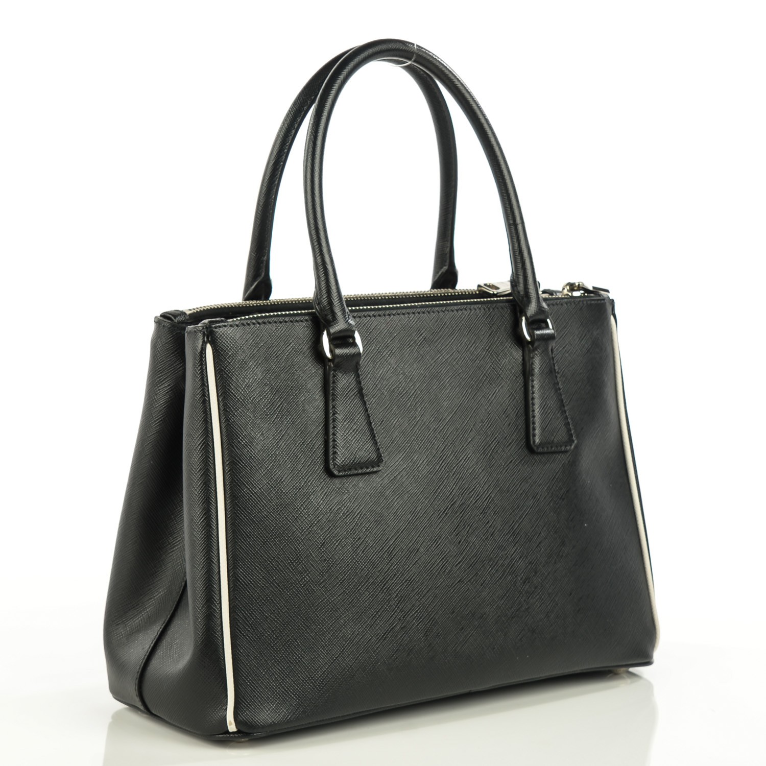 PRADA Saffiano Lux Galleria Small Double Zip Tote Nero Talco 110178