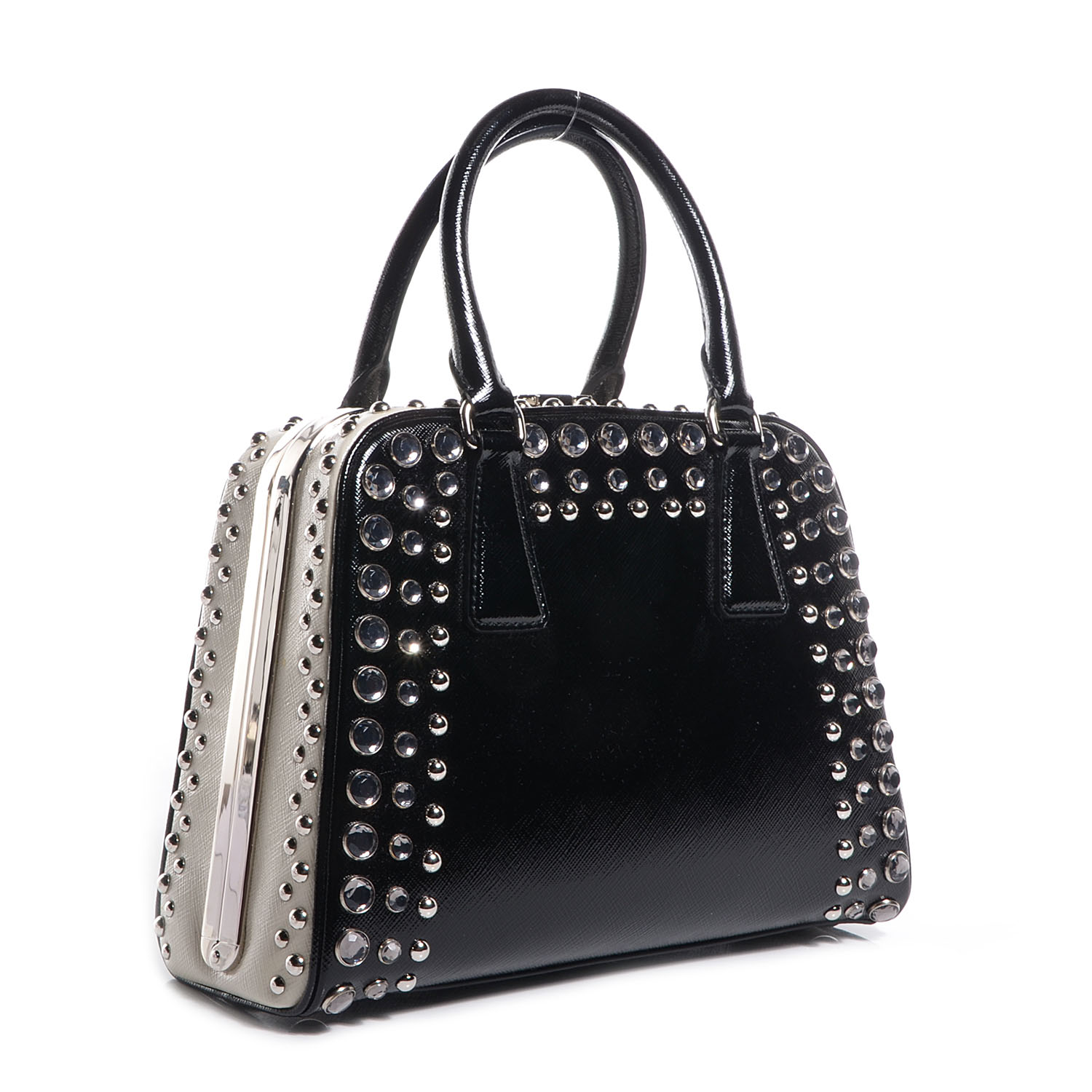 PRADA Saffiano Vernice Small Crystal Pyramid Top Handle Bag Nero Black ...