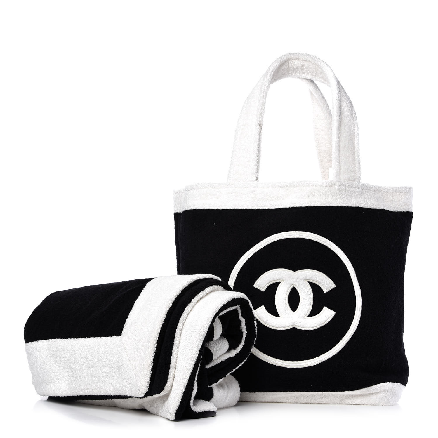 CHANEL Terry Cotton CC Beach Tote Towel Set Black White 707896 ...