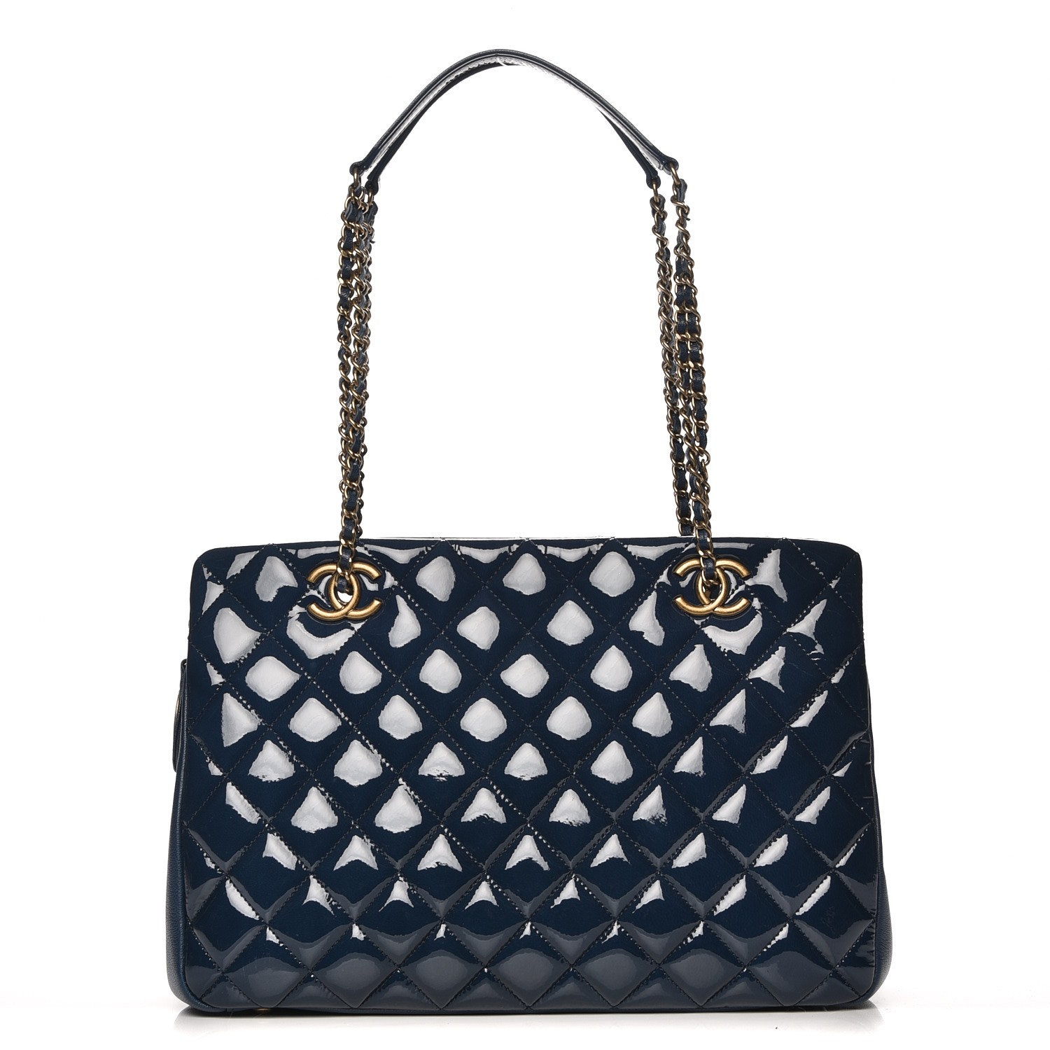 CHANEL Patent Goatskin Quilted Small CC Eyelet Tote Blue 211407