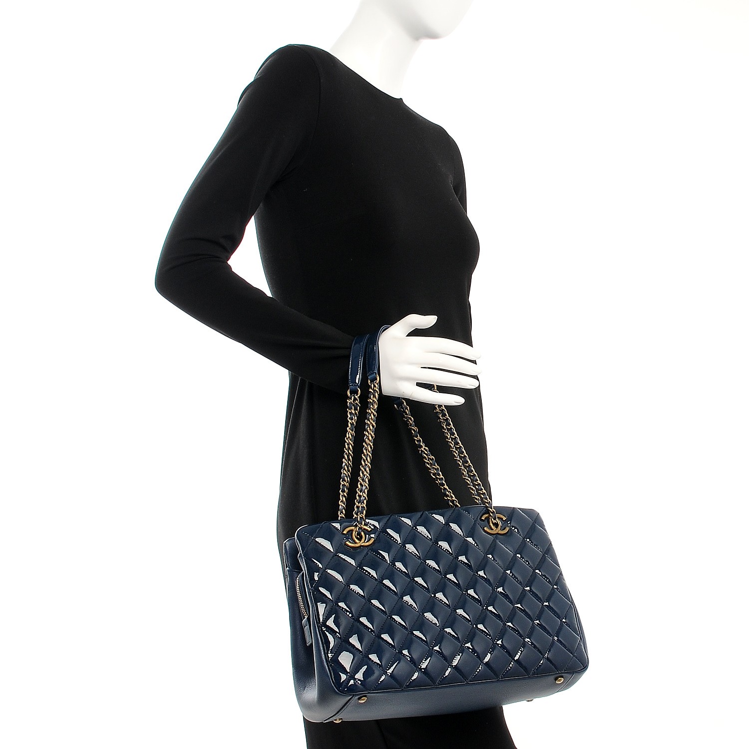 CHANEL Patent Goatskin Quilted Small CC Eyelet Tote Blue 211407