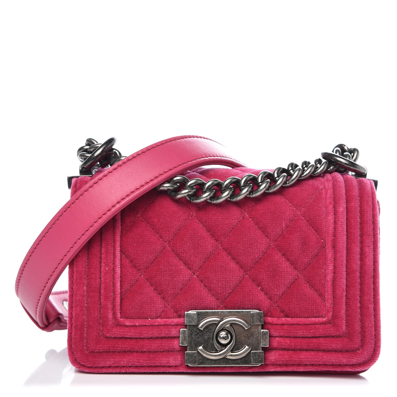 pink velvet chanel luggage