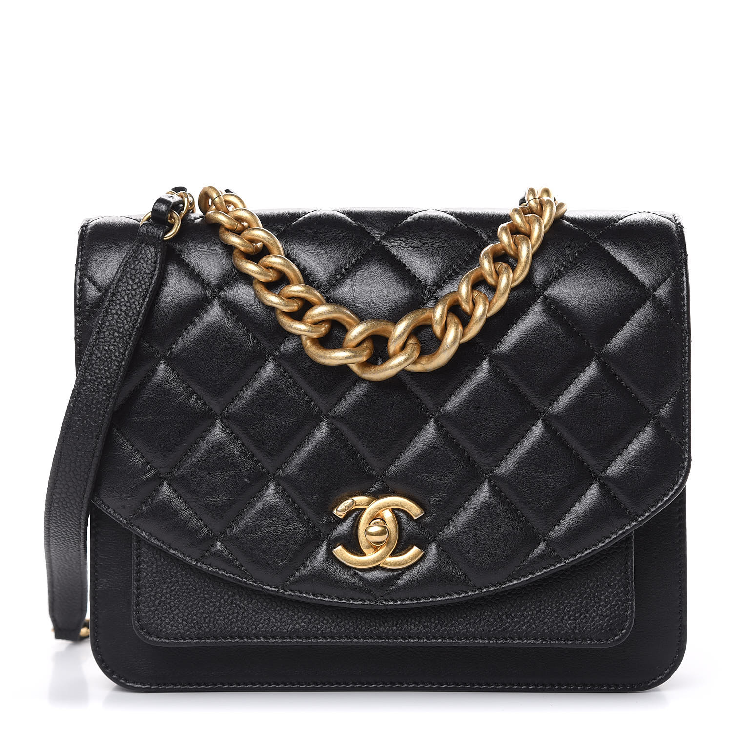 CHANEL Calfskin Caviar Quilted Chain Handle Flap Black 466857