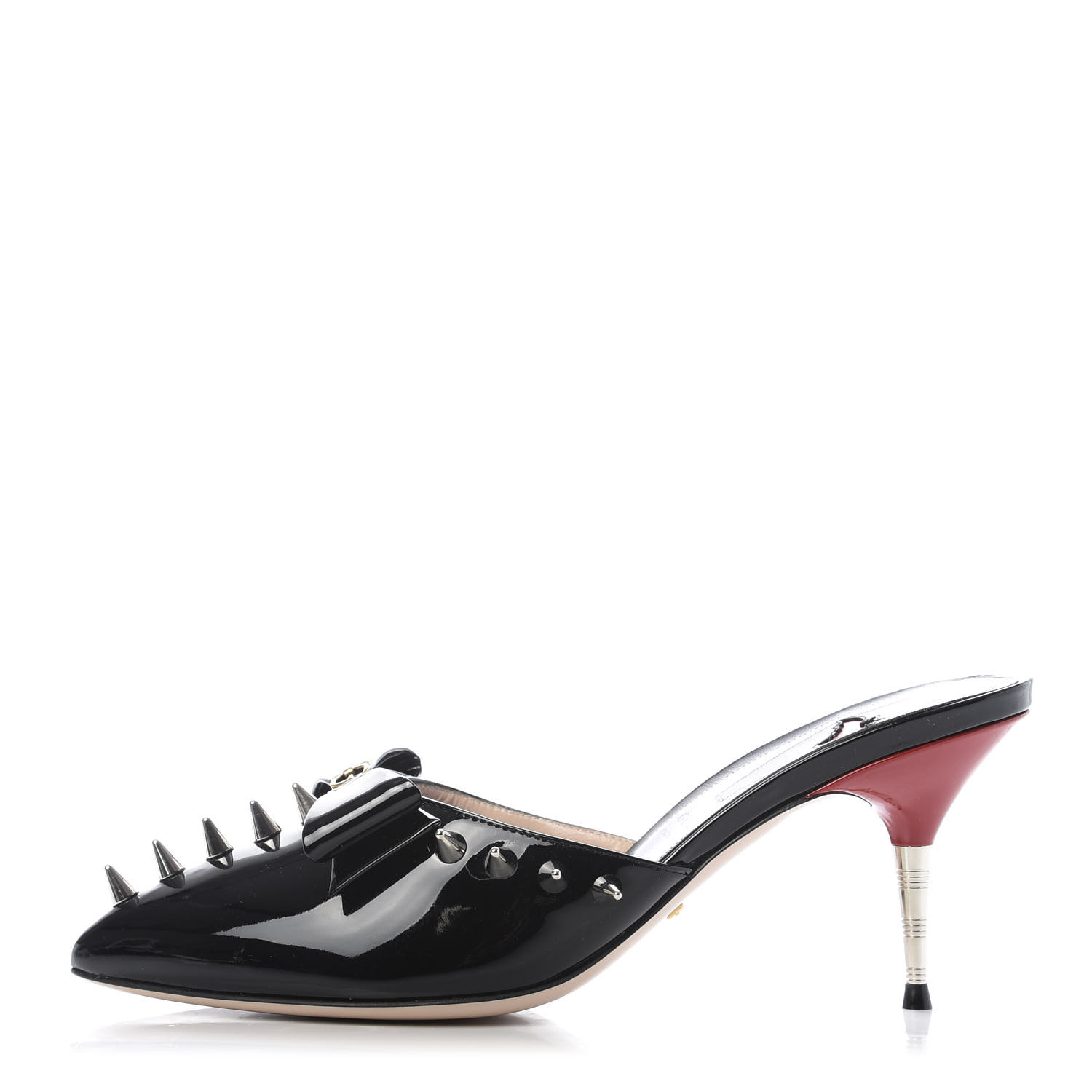 GUCCI Vernice Crystal Bow Spike Sadie Mules 38.5 Black 668193 ...