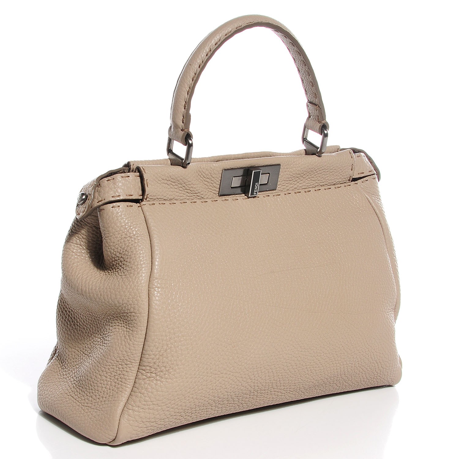 FENDI Calfskin Romano Selleria Medium Peekaboo Iconic Satchel Beige 95046