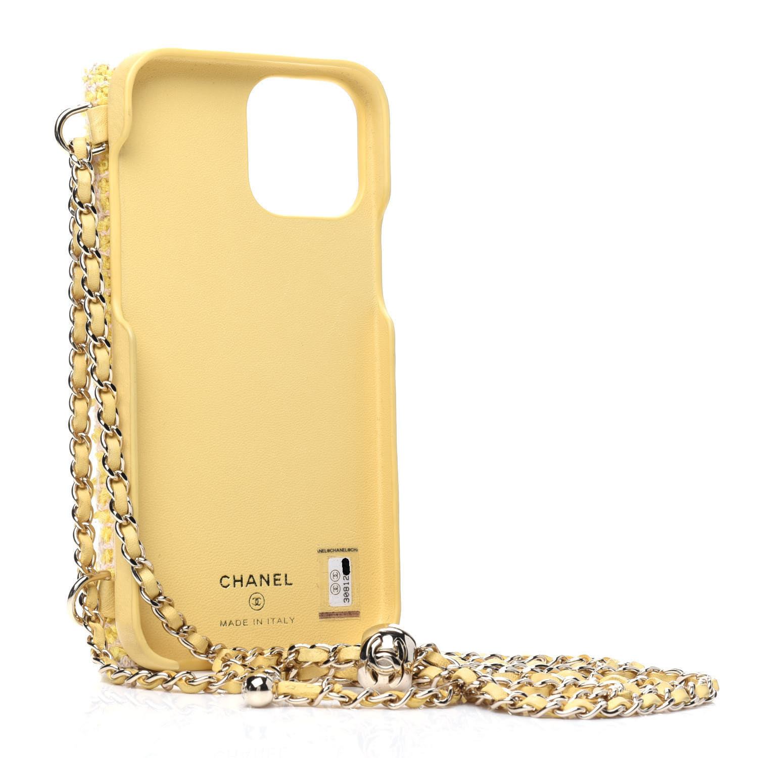 Chanel Tweed Quilted Iphone Xii Pro Max Case With Chain Yellow Pink Fashionphile