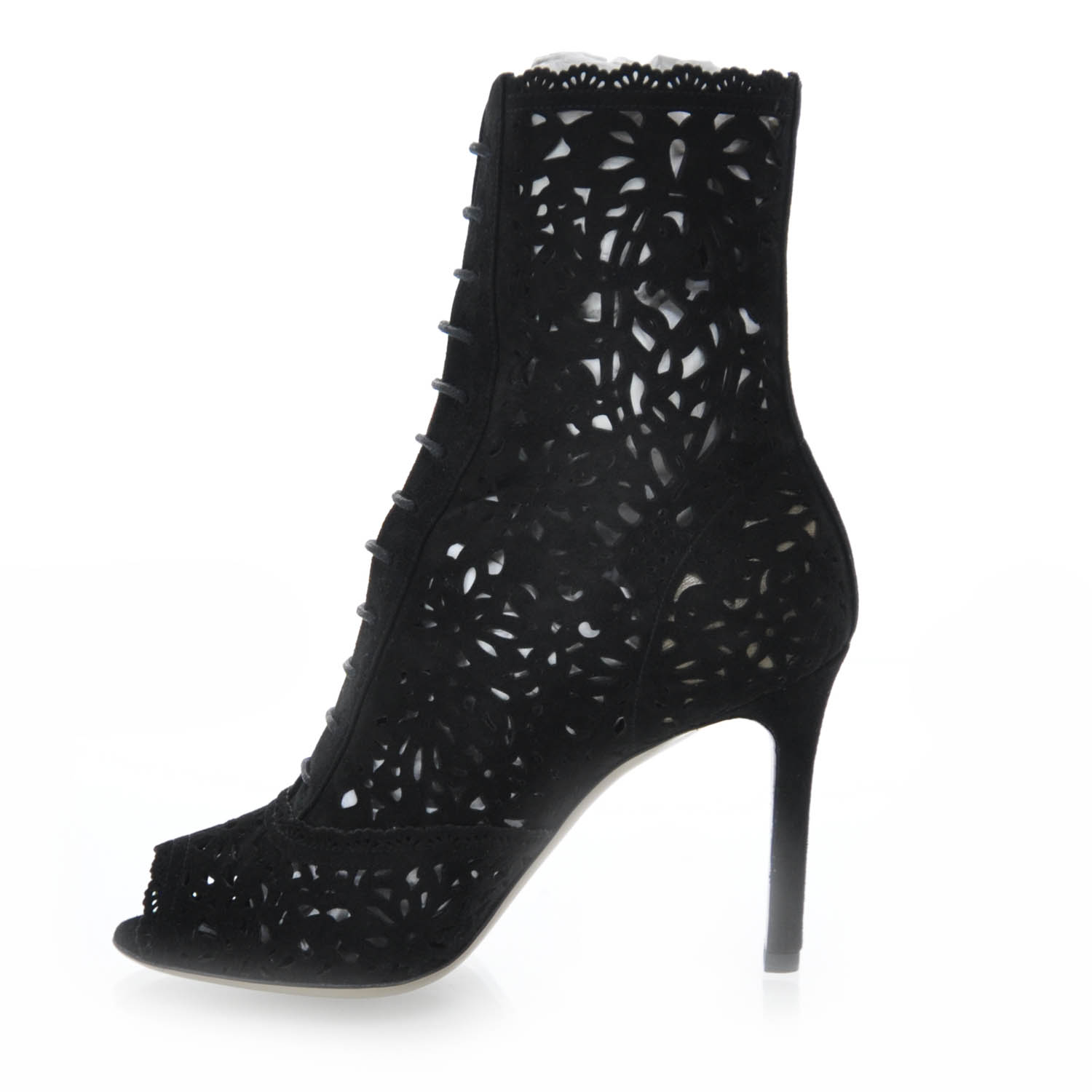 VALENTINO Suede Laser Cut Peep Toe Boots 36 Black 30148