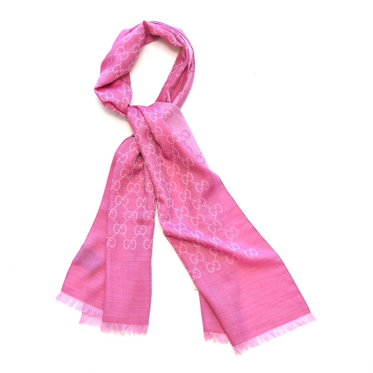 GUCCI Wool Silk Monogram Fringe Scarf Pink 394900