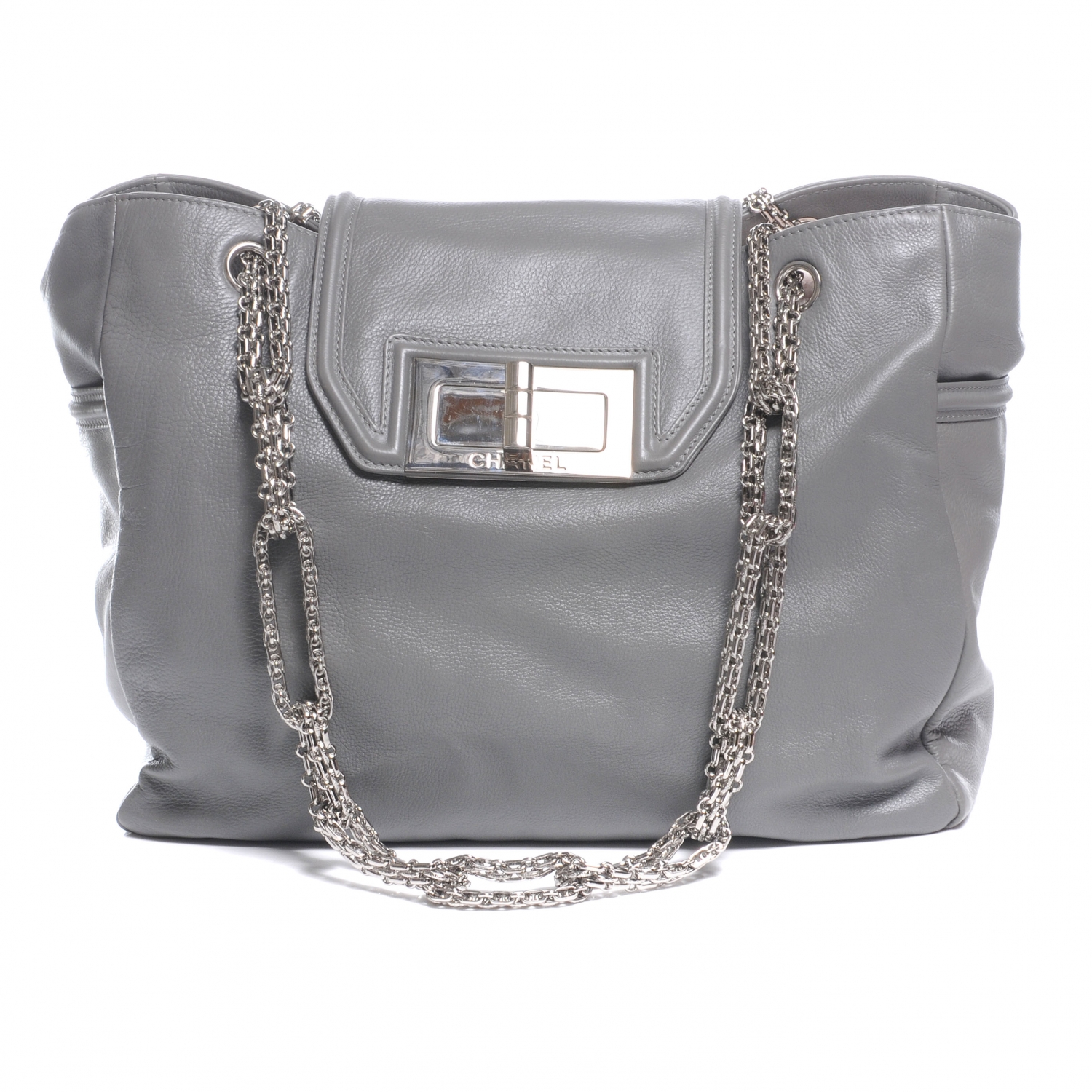 CHANEL Leather Mademoiselle Lock Large Shopper Tote Grey 46655