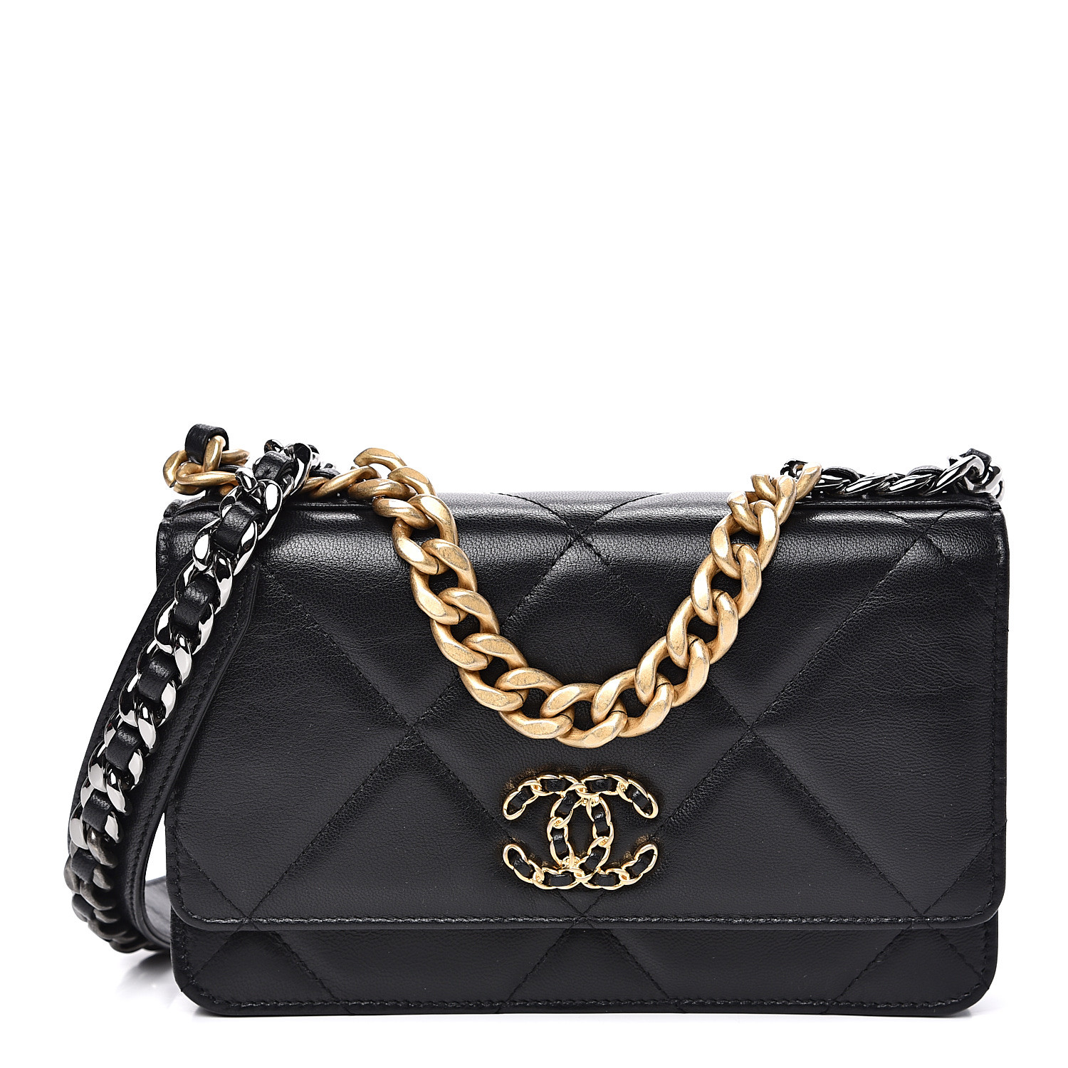 CHANEL Goatskin Quilted Chanel 19 Wallet On Chain WOC Black 537191