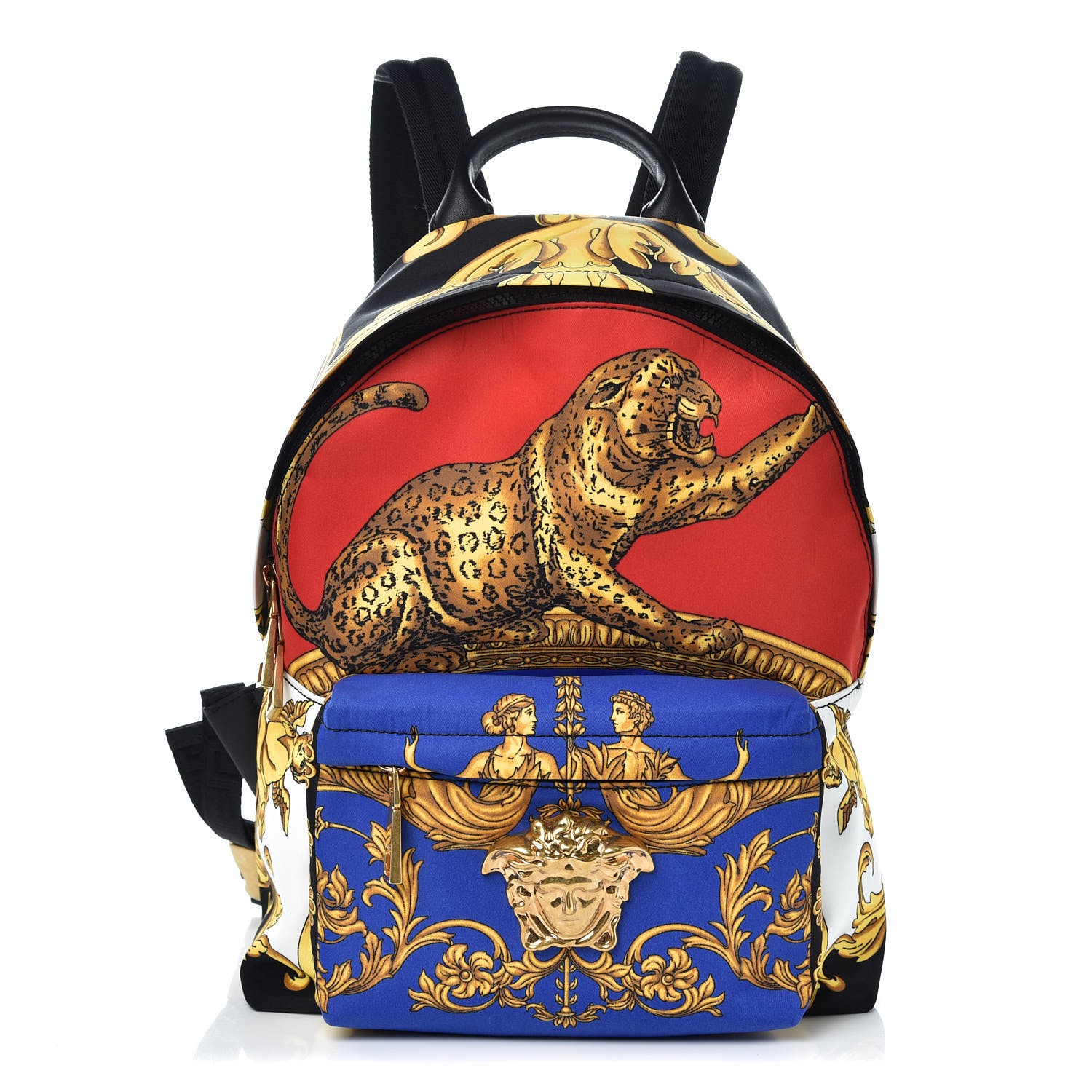 blue and black versace backpack