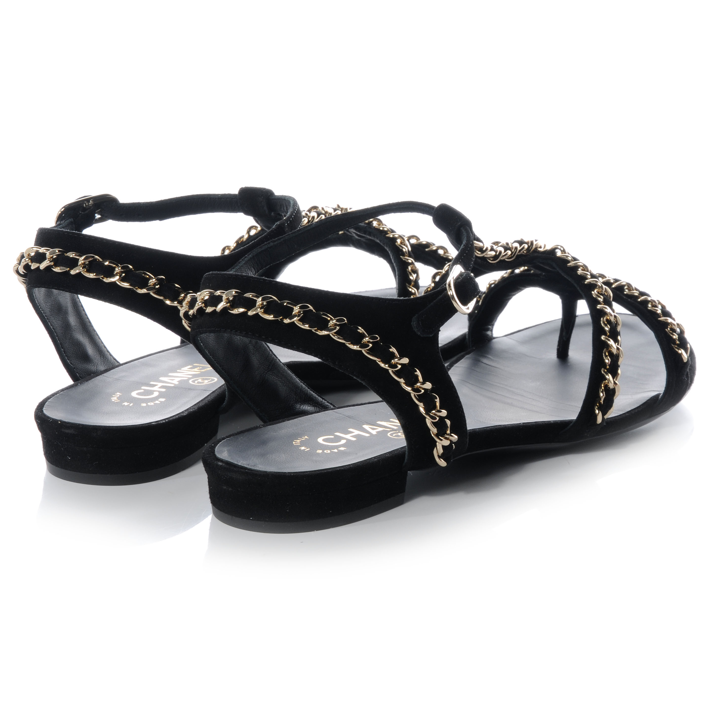 CHANEL Suede Gladiator Chain Sandals 38.5 Black 57988