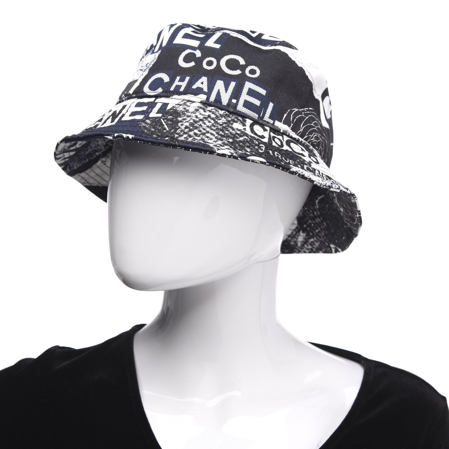 CHANEL Cotton Coco Print Bucket Hat M Navy Black White 637774 FASHIONPHILE