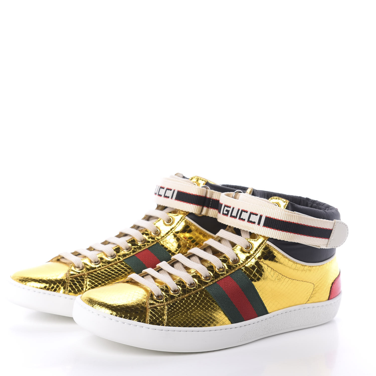 GUCCI Metallic Snakeskin Womens New Ace High Top Sneakers 41.5 Oro 614154