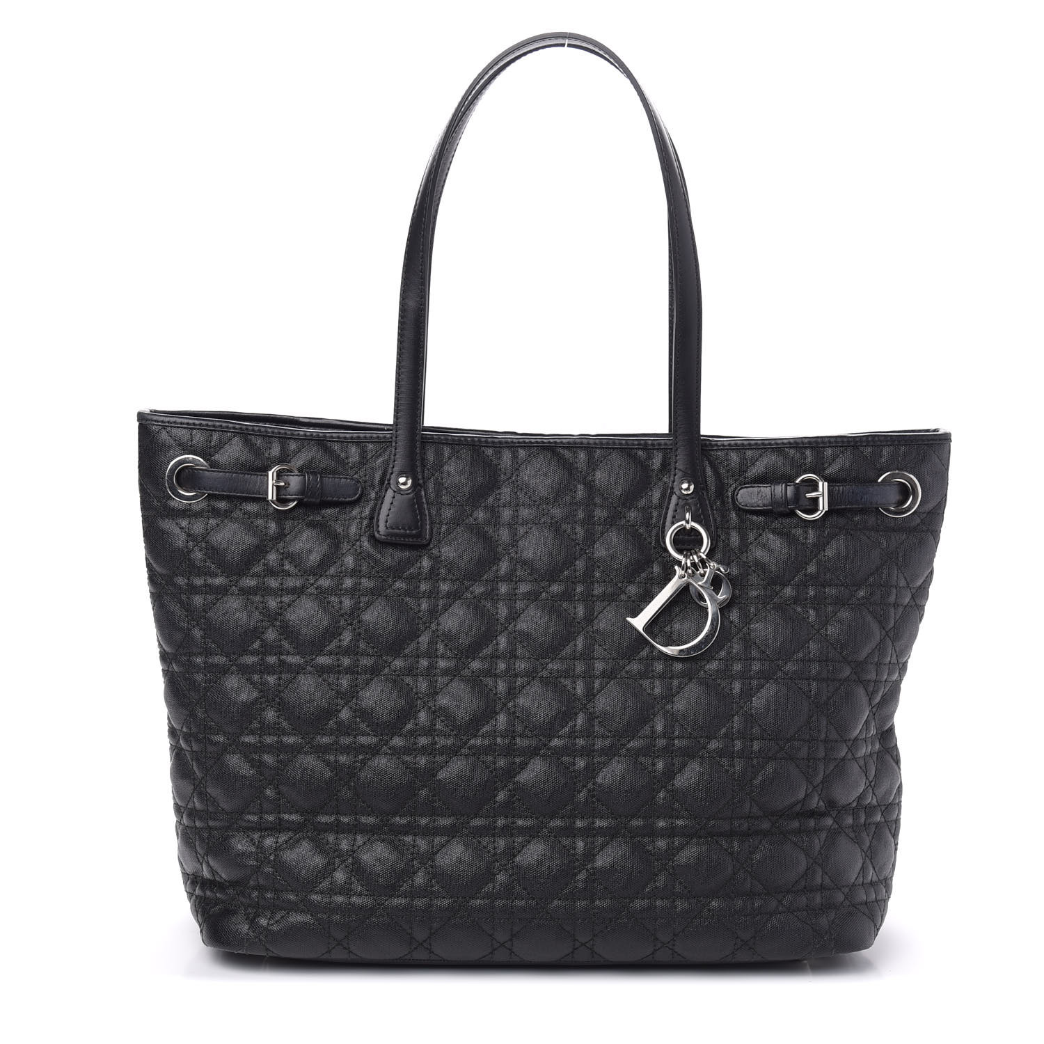 CHRISTIAN DIOR Coated Canvas Cannage Medium Panarea Tote Black 611804 ...