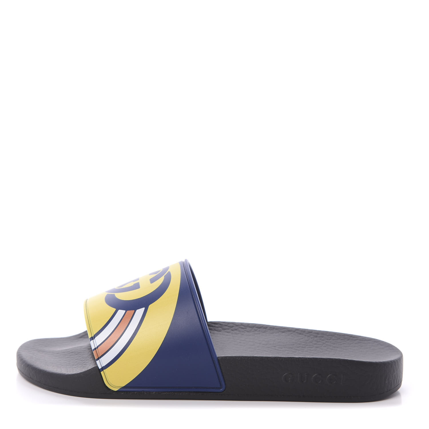 blue and yellow gucci slides