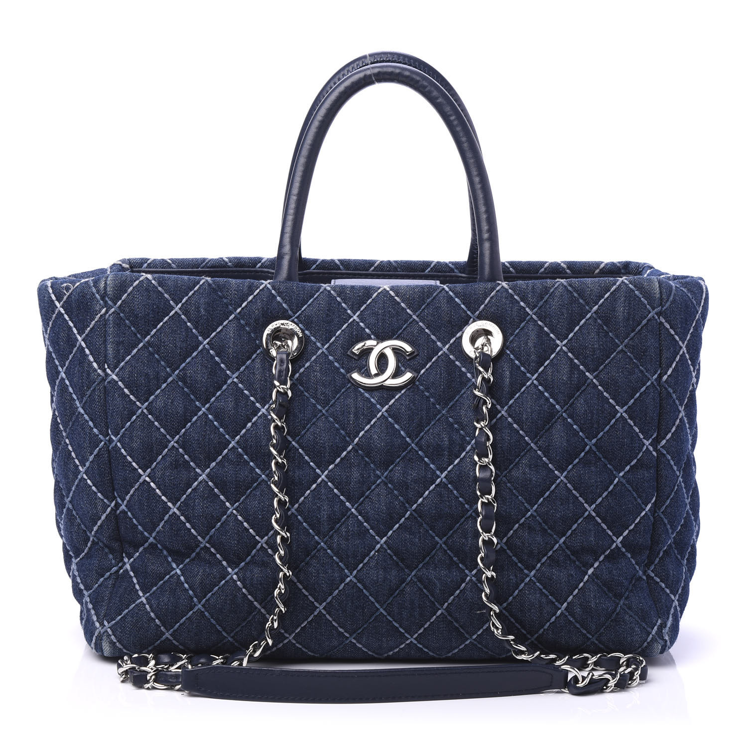 CHANEL Denim Quilted Large Coco Handle Shopping Tote Blue 602495