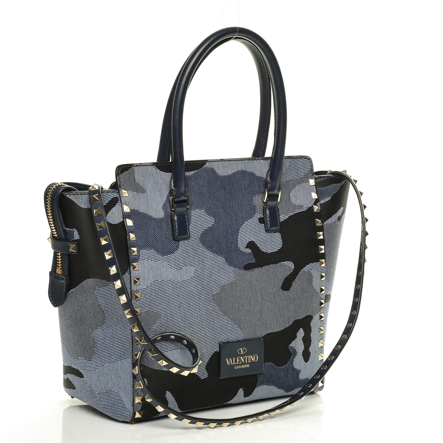 VALENTINO Canvas Camo Rockstud Double Handle Tote Blue 195983