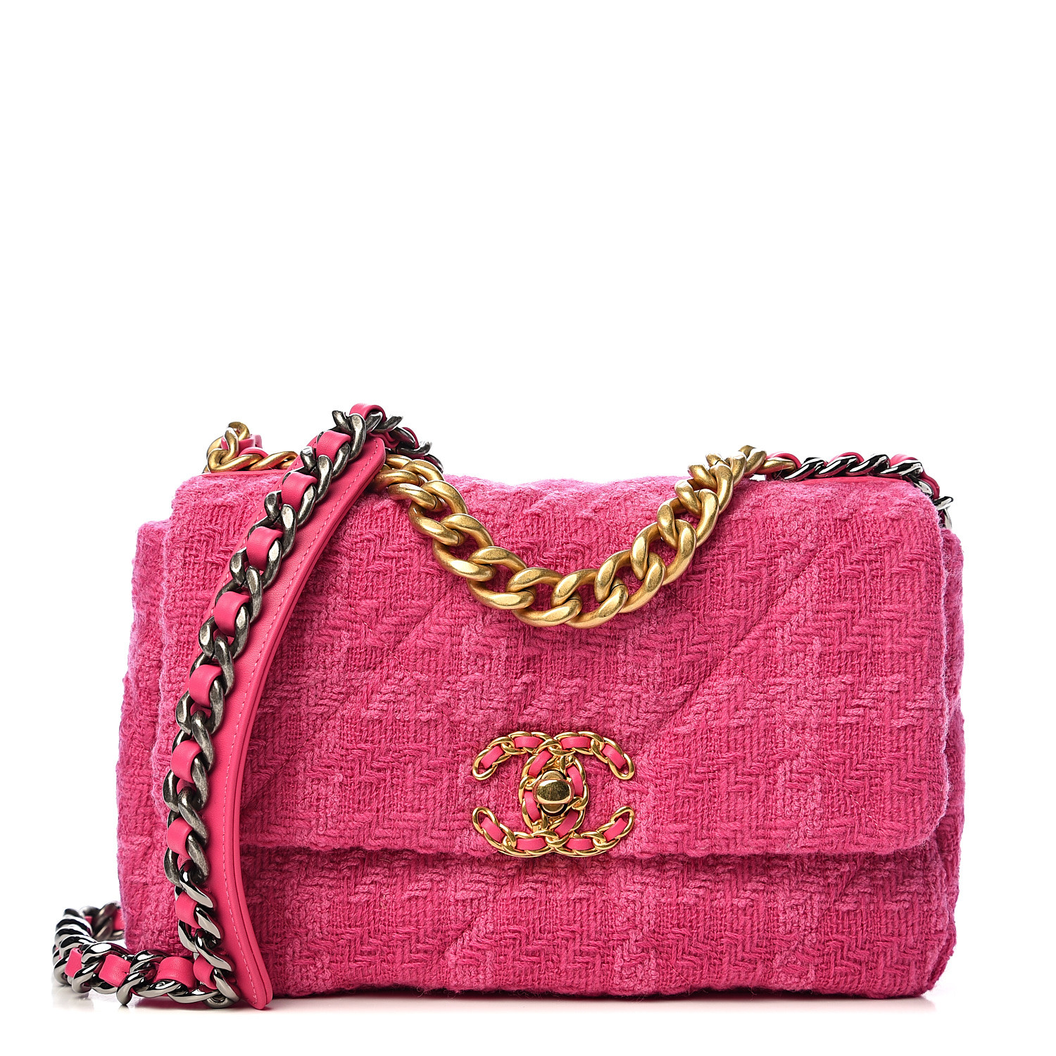 CHANEL Tweed Quilted Medium Chanel 19 Flap Pink 536268