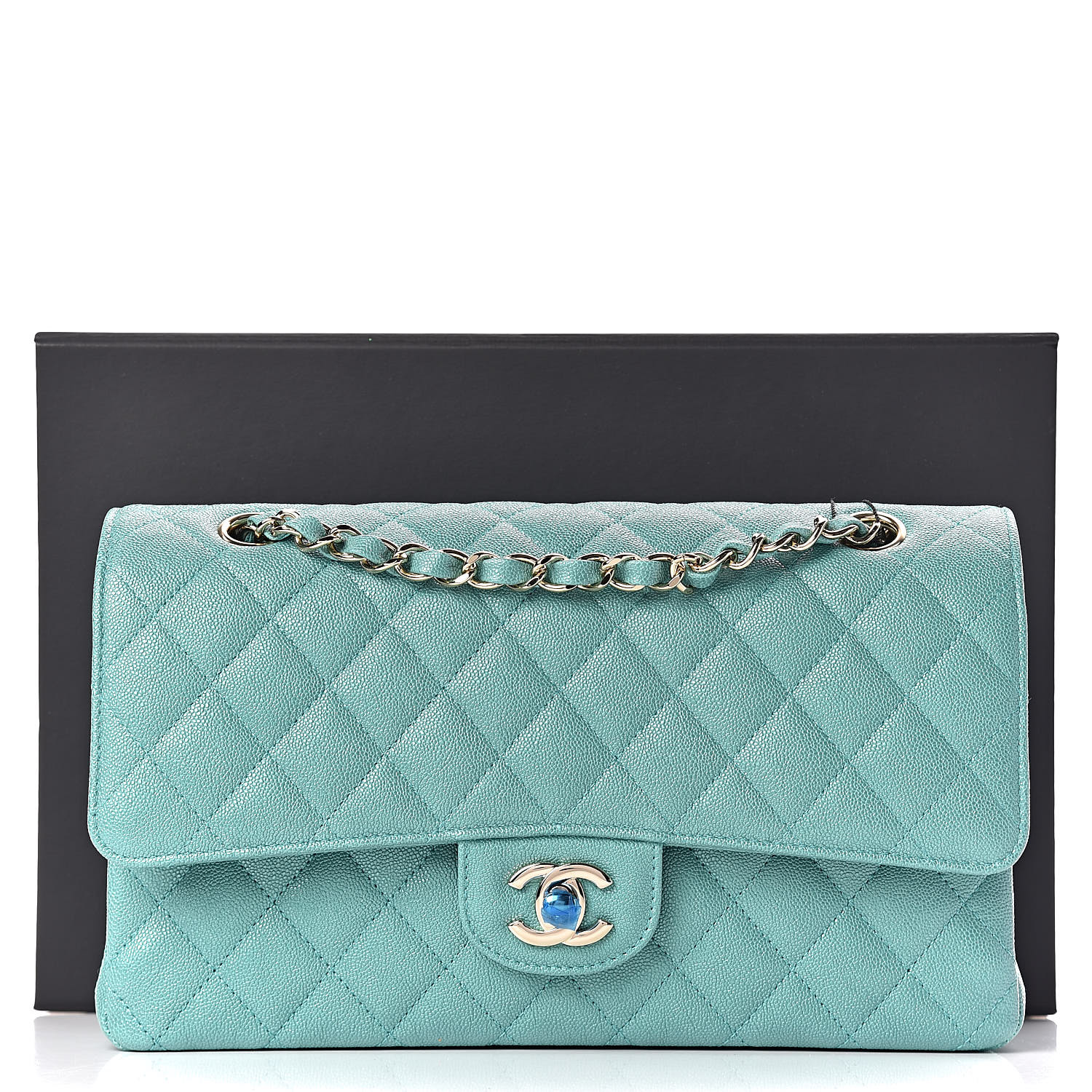 CHANEL Iridescent Caviar Quilted Medium Double Flap Green 448646