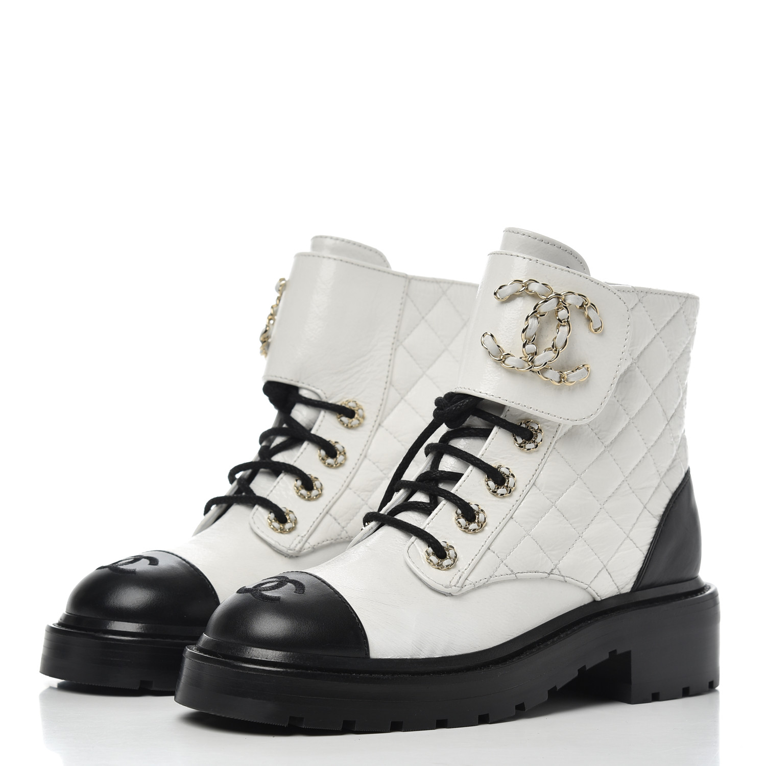 CHANEL Shiny Goatskin Calfskin Quilted Lace Up Combat Boots 36 White Black 772093 | FASHIONPHILE