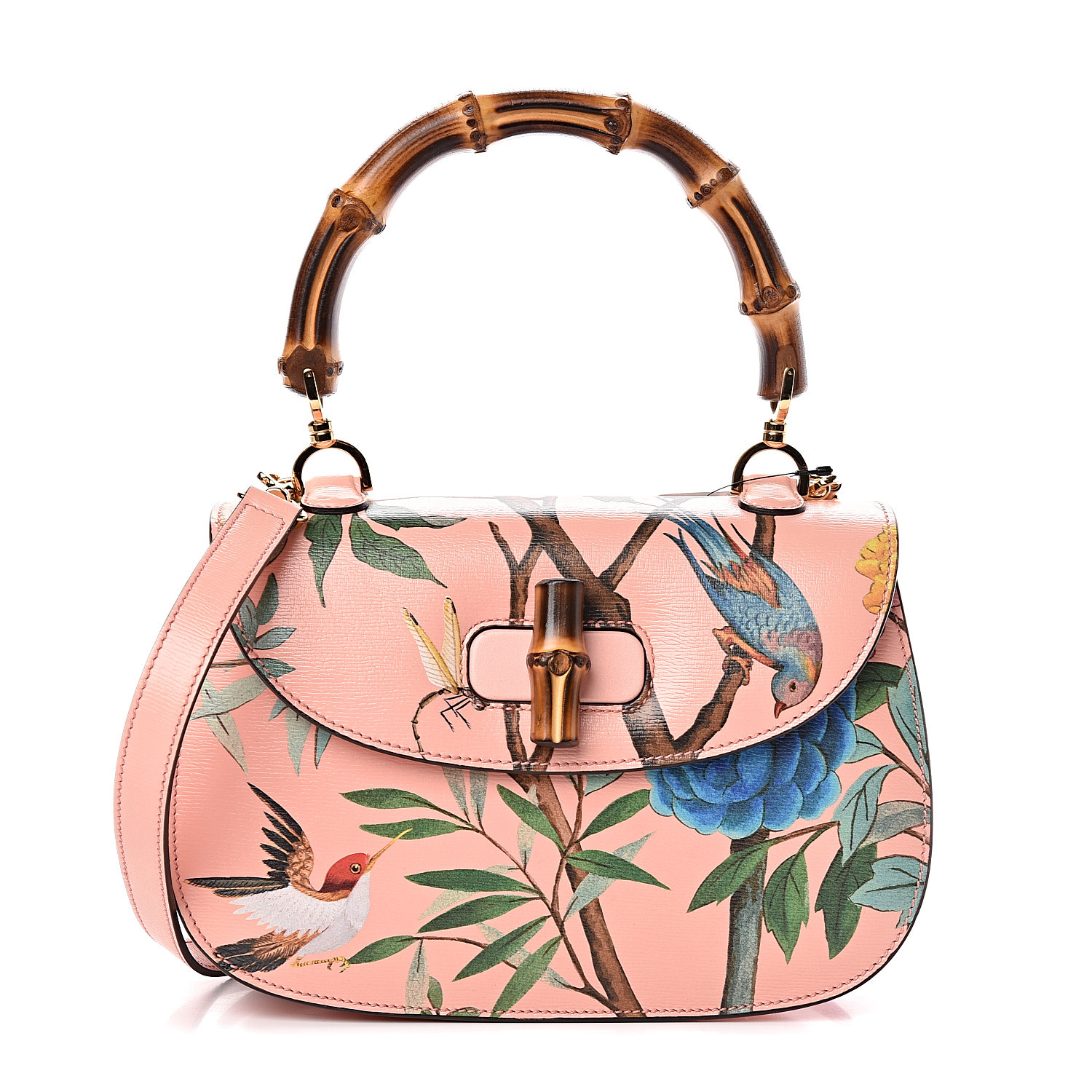 GUCCI Calfskin Tian Print Small Classic Bamboo Top Handle Bag Pink 493706