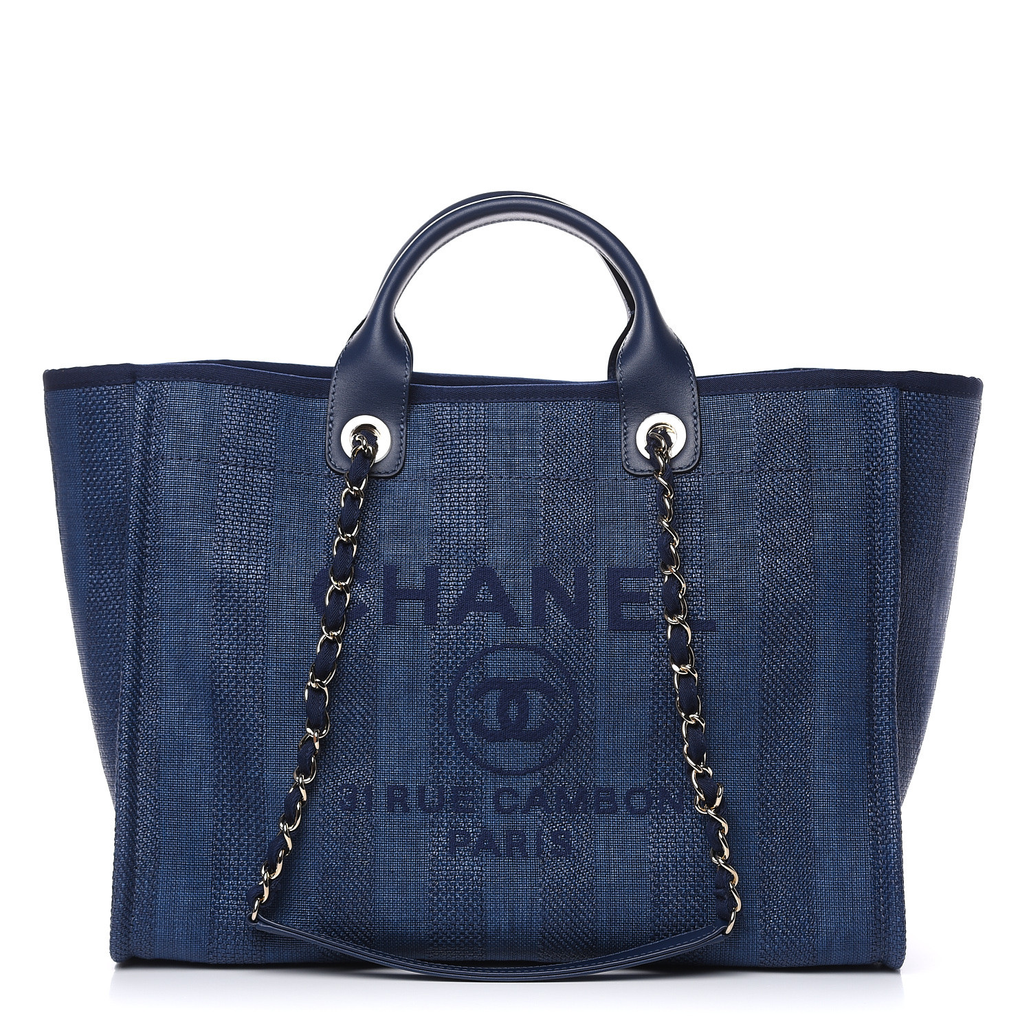 CHANEL Woven Straw Raffia Striped Large Deauville Tote Navy Blue 495239