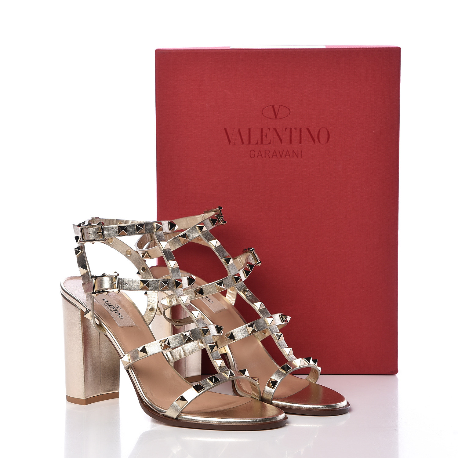 VALENTINO Calfskin Rockstud 100mm City Sandals 39.5 Platino 493890