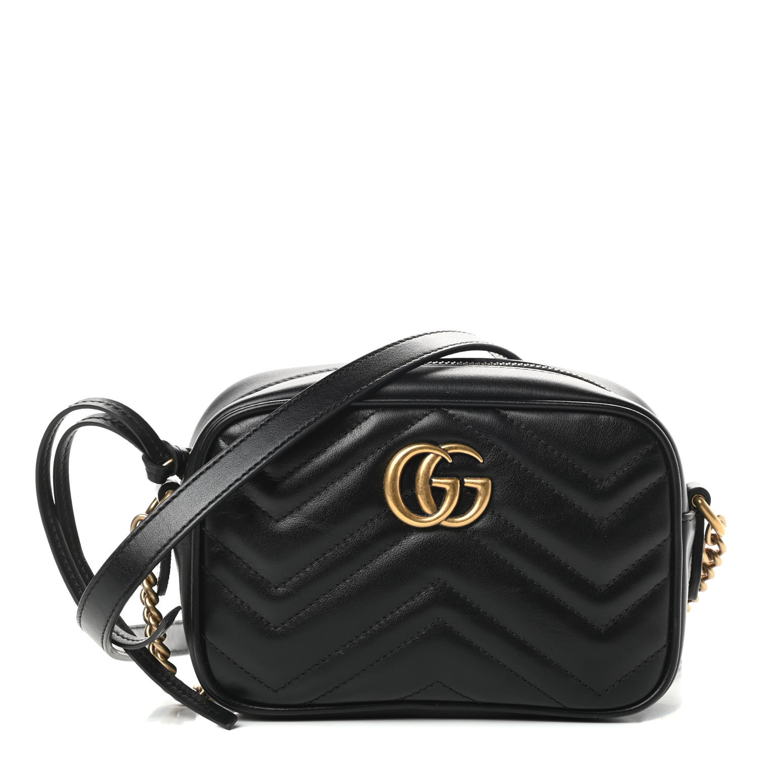 GUCCI Calfskin Matelasse Mini GG Marmont Chain Shoulder Bag Black ...