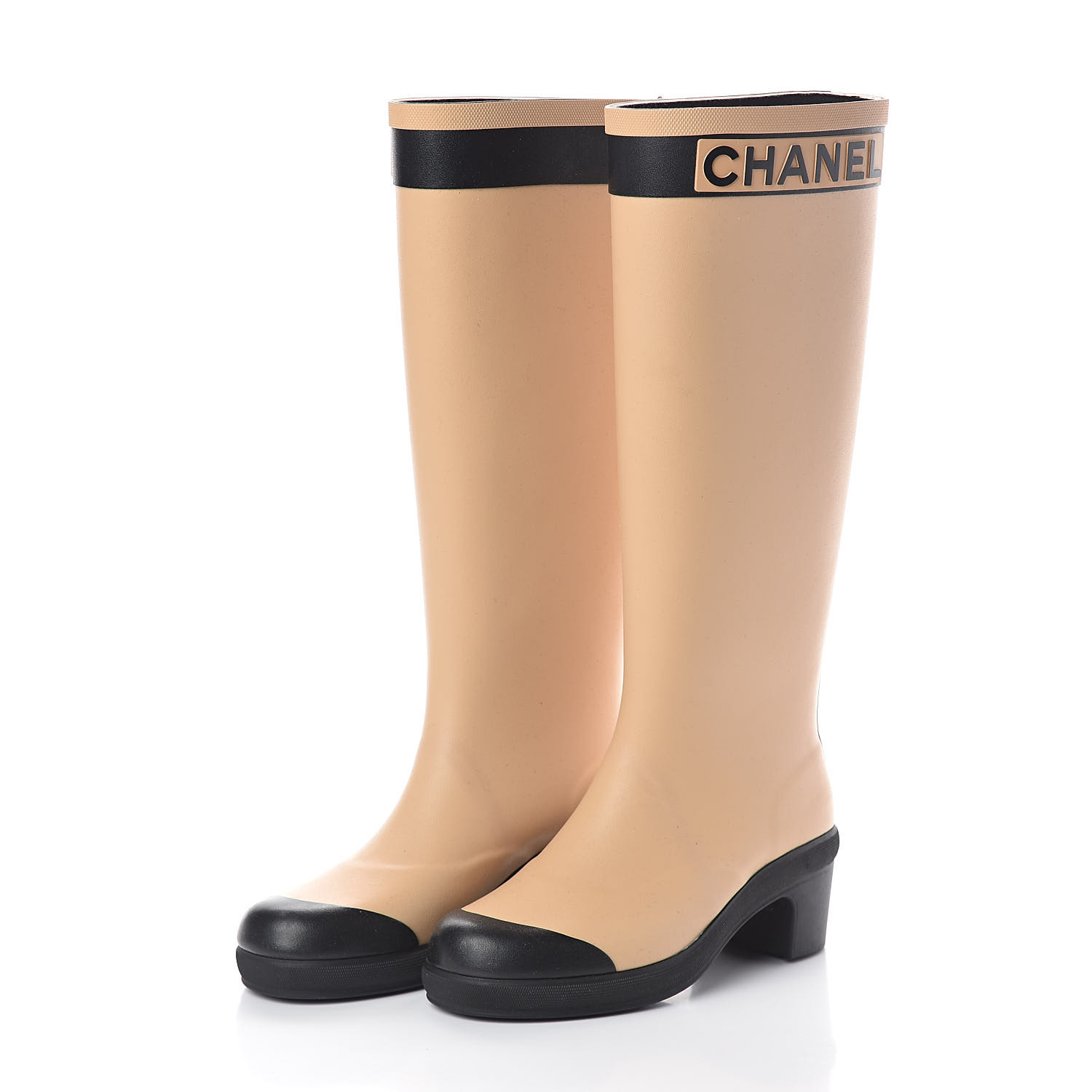 CHANEL Rubber Logo Rain Boots 35 Beige 532908