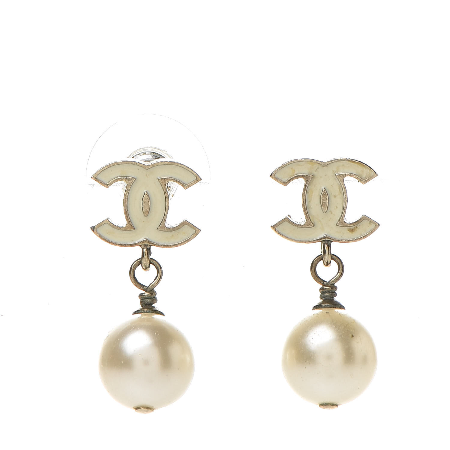CHANEL Pearl Enamel CC Drop Earrings White Gold 531675