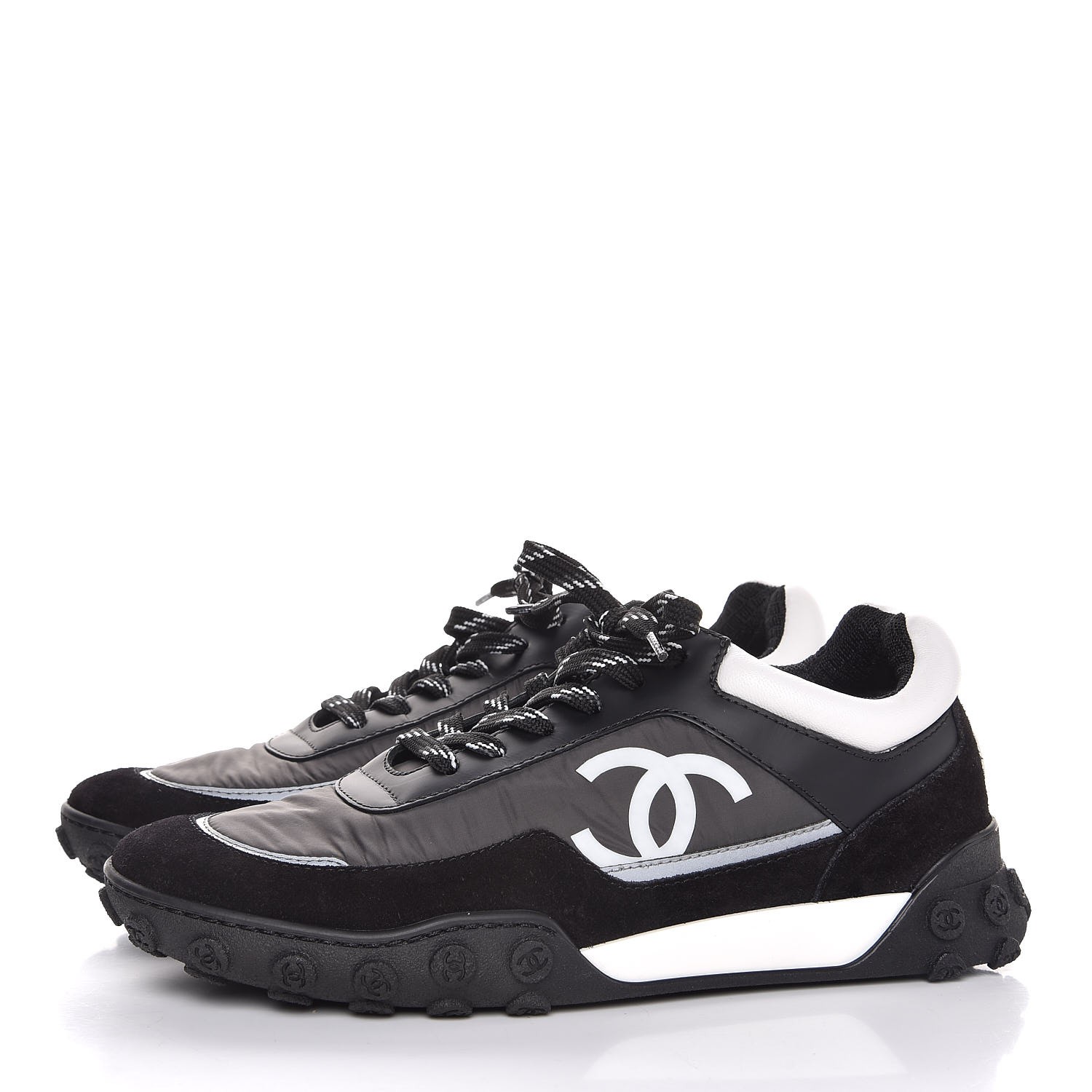 chanel cc grey black & white nylon calfskin sneaker