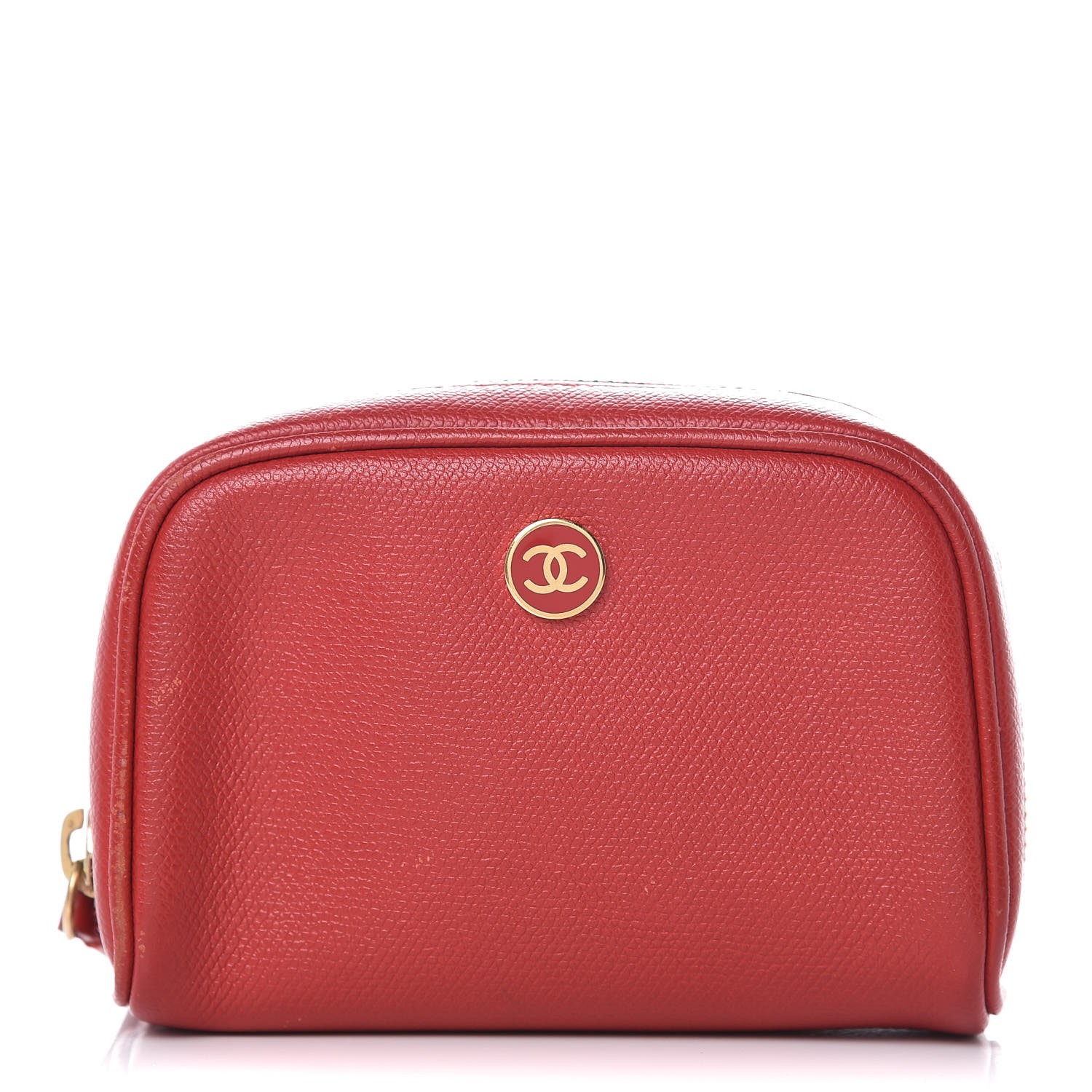 CHANEL Grained Calfskin CC Button Small Pouch Cosmetic Case Red 346554