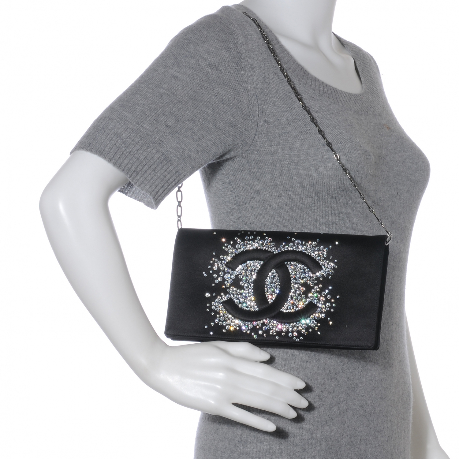 CHANEL Satin Diamante CC Evening Clutch Bag Black 42087