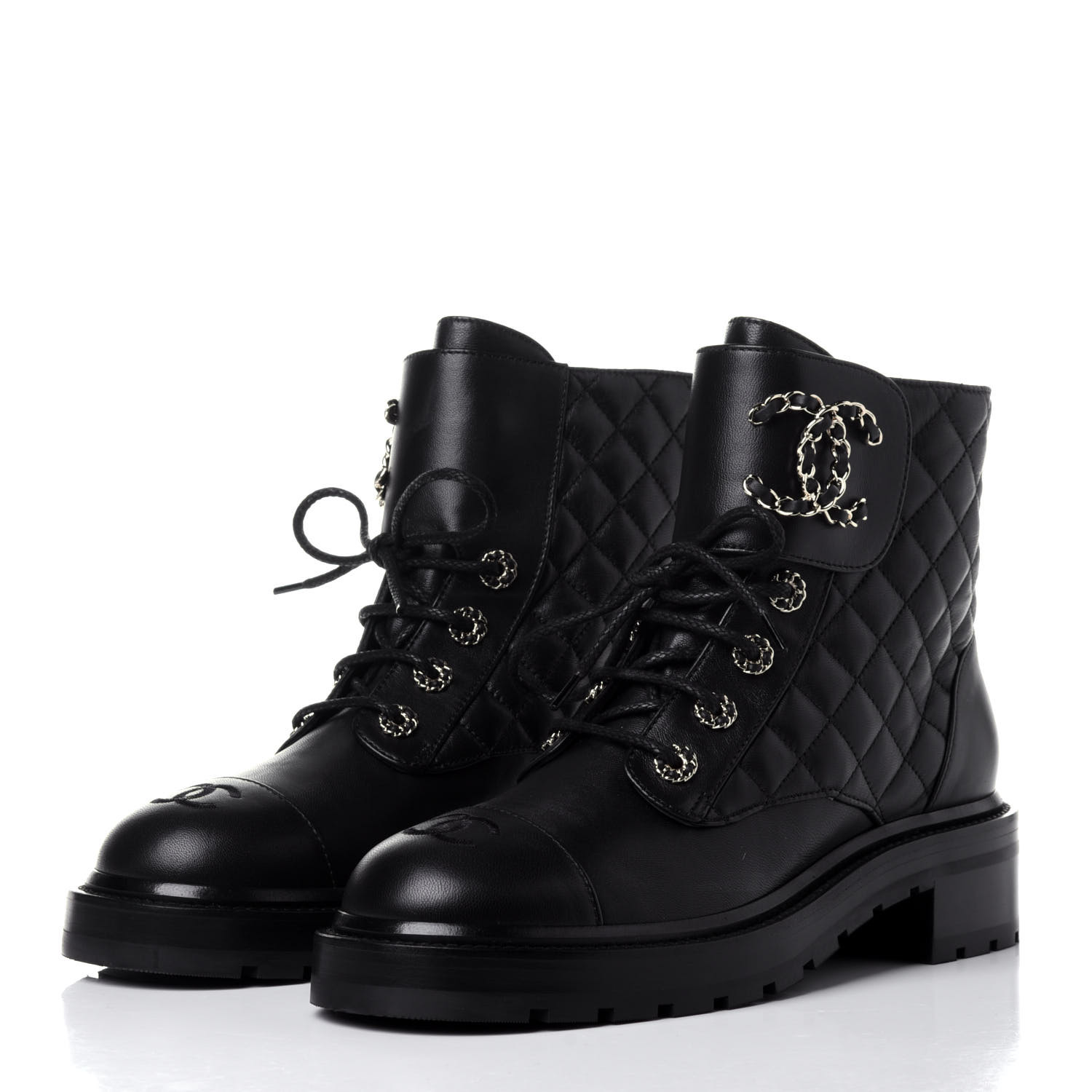 CHANEL Shiny Lambskin Quilted Lace Up Combat Boots 39.5 Black 792456 ...