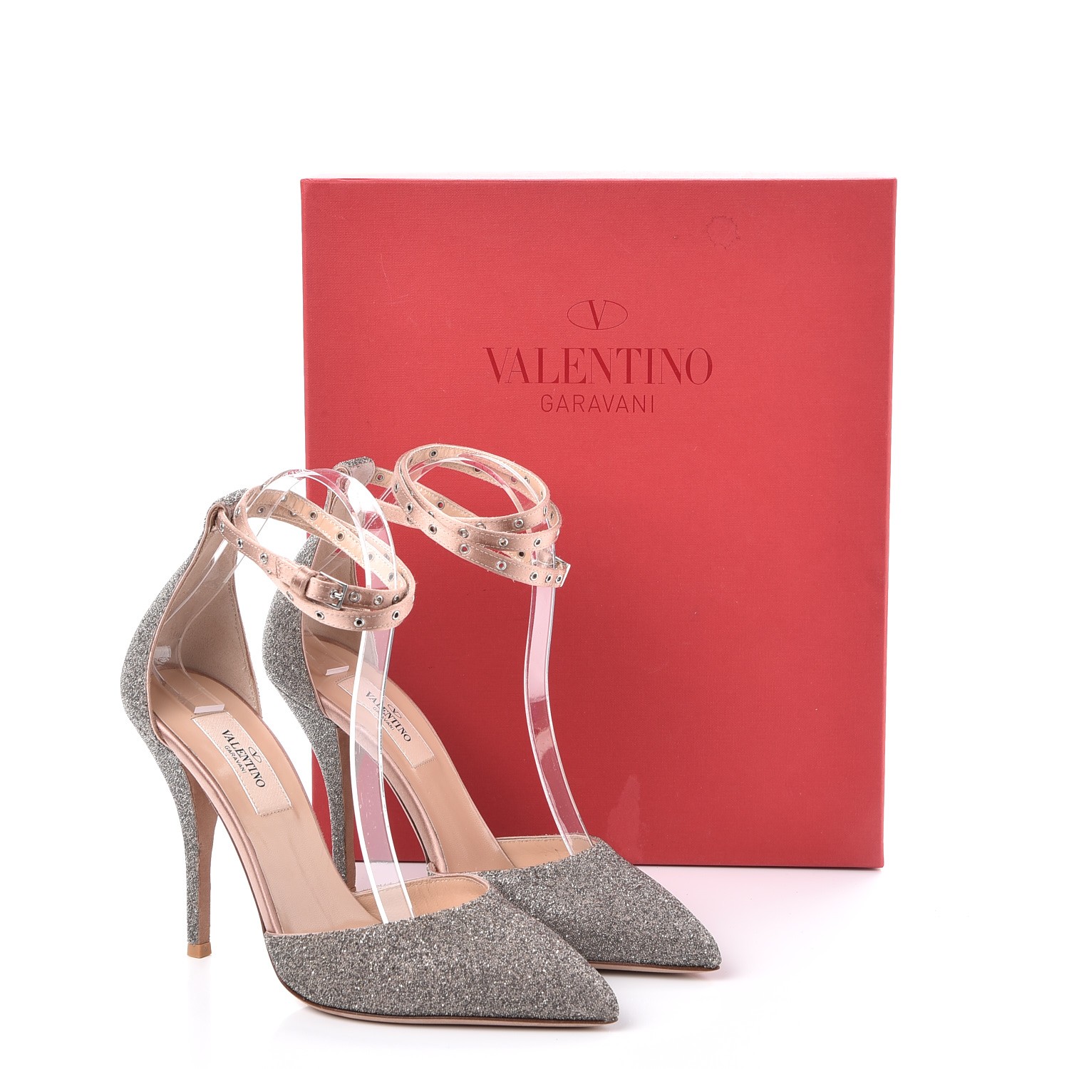 VALENTINO Glitter Calfskin Ankle Strap Pumps 37 Poudre ...