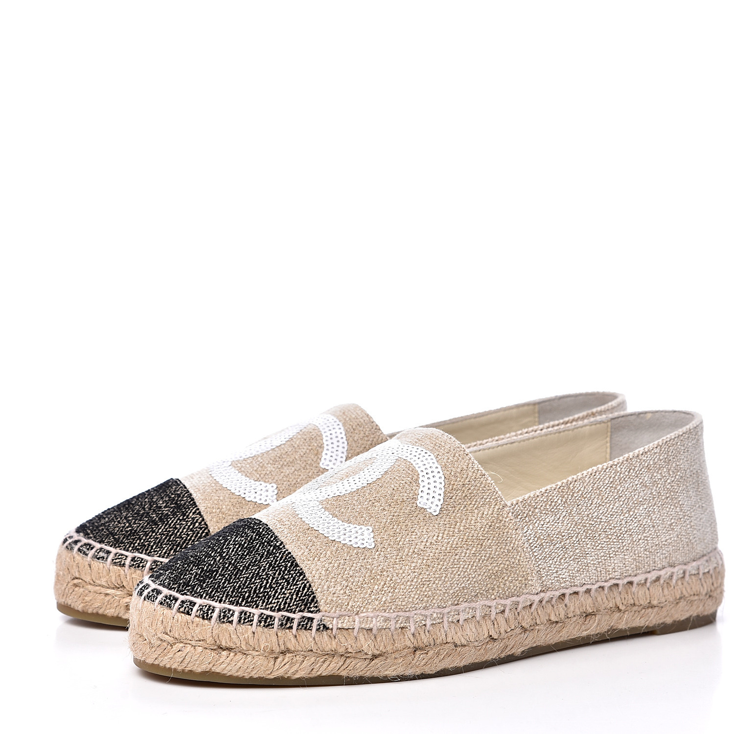 CHANEL Linen Sequin CC Espadrilles 37 Beige Black 539901