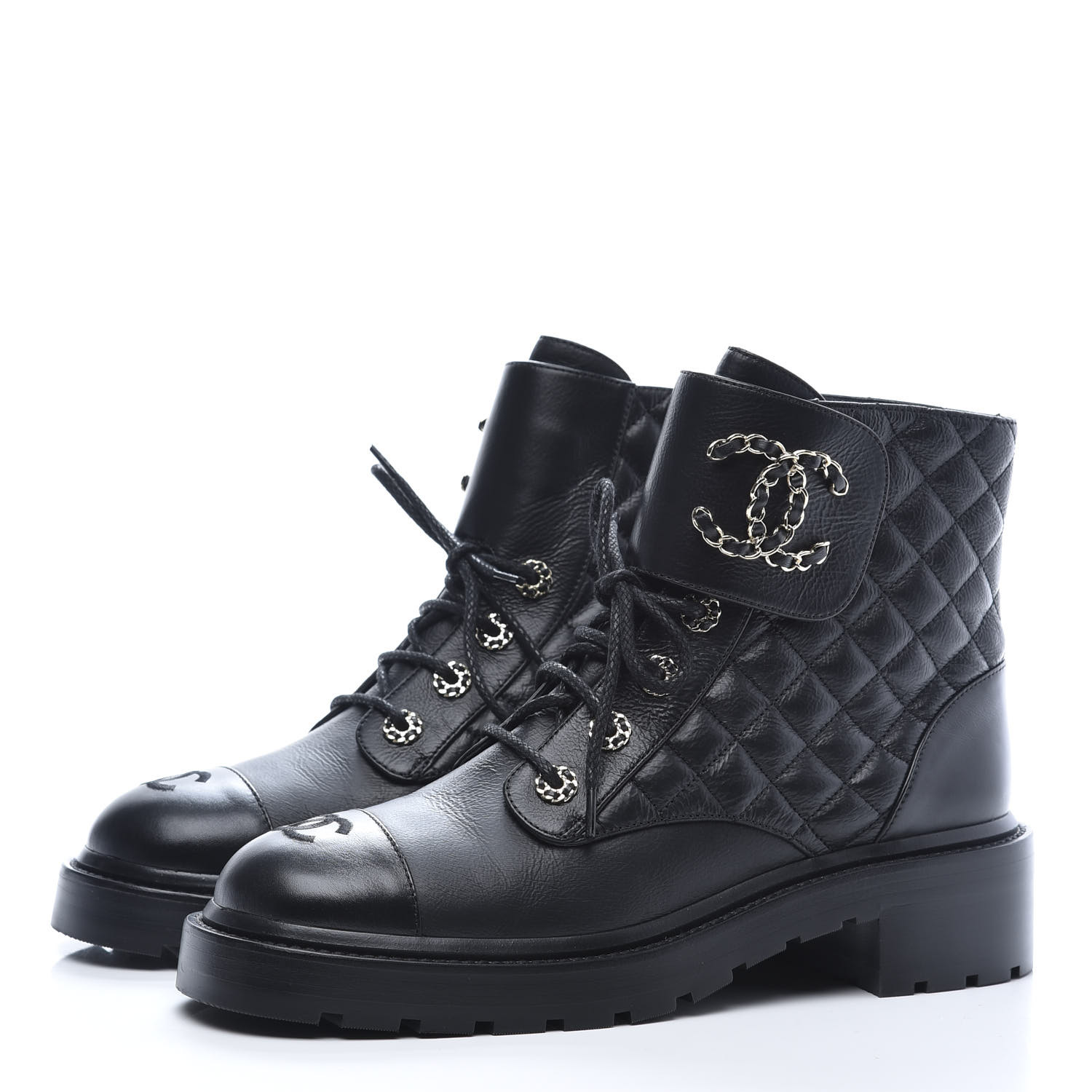 CHANEL Shiny Goatskin Calfskin Quilted Lace Up Combat Boots 40.5 Black ...
