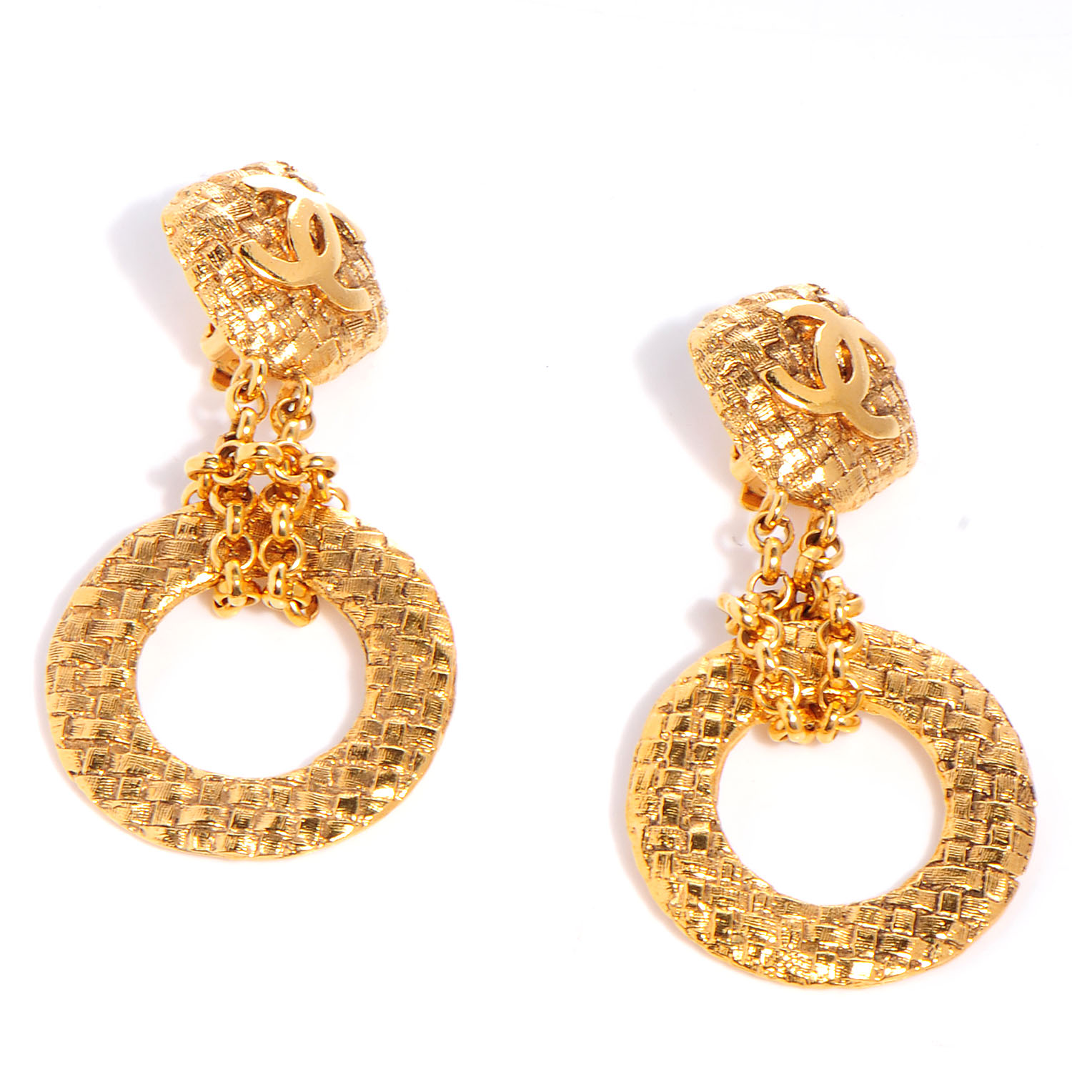 CHANEL CC Quilted Clip On Drop Earrings Gold 64690