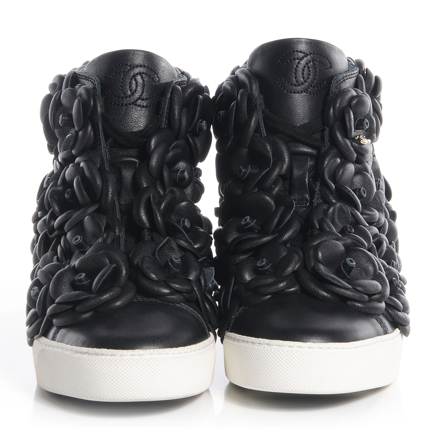 CHANEL Calfskin Camellia High Top Sneakers 36 Black 76674