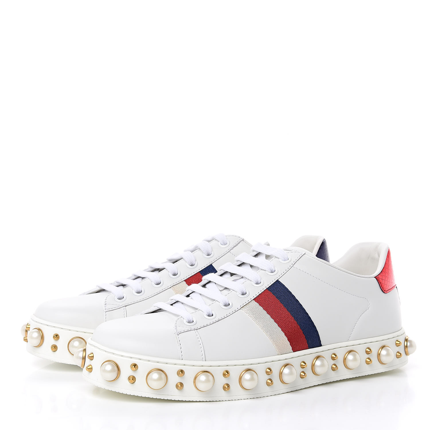 GUCCI Calfskin Pearl Studded Womens Sneakers 38 White 499913