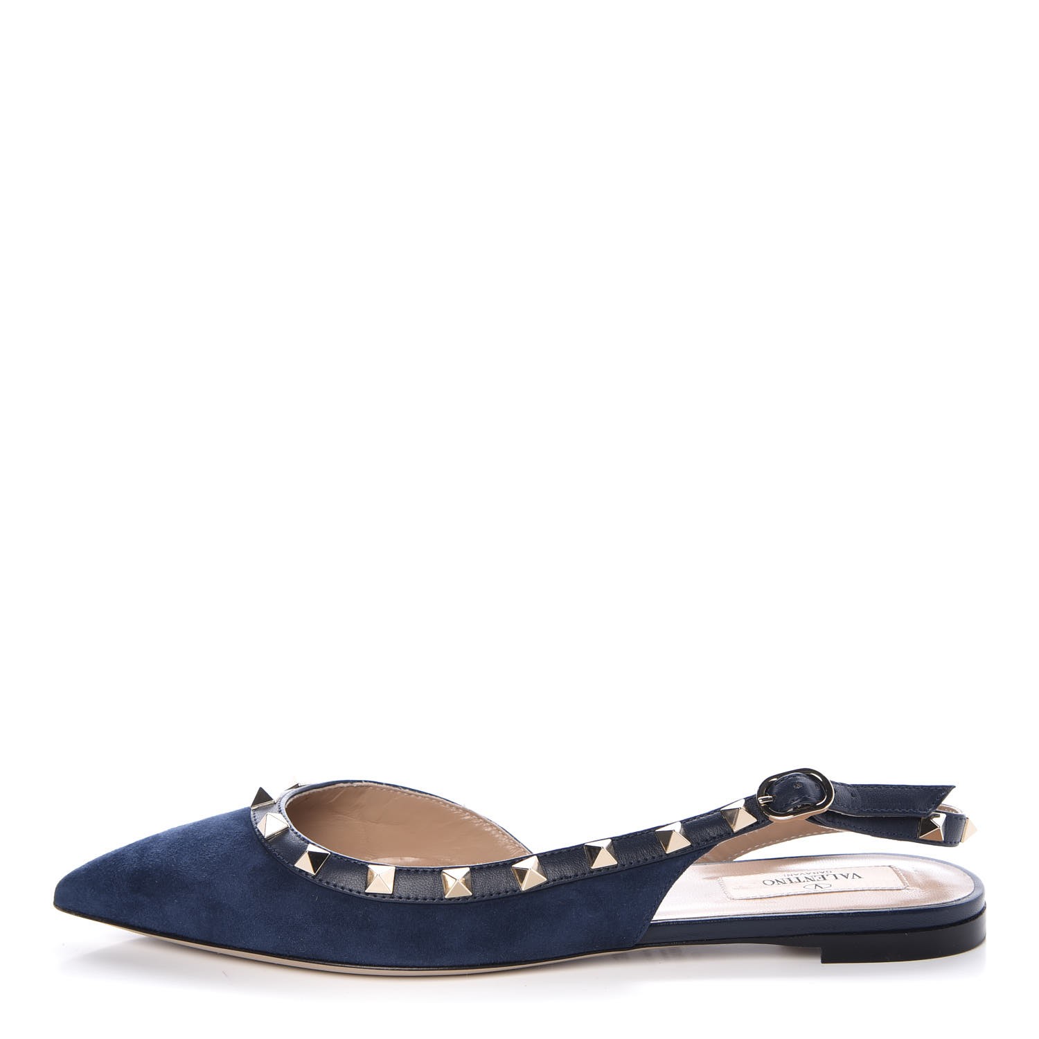 VALENTINO Suede Rockstud Slingback Flats 37.5 Navy 337416