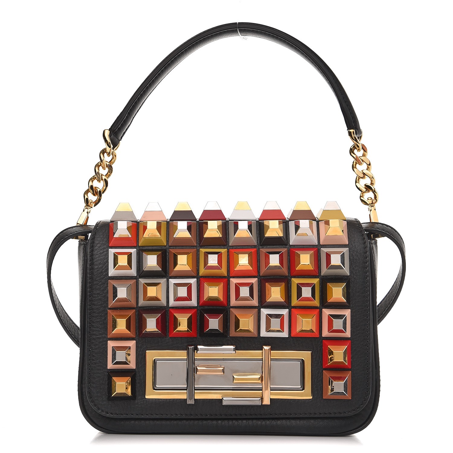 FENDI Grained Calfskin Studded 3Baguette Shoulder Bag Black Multicolor ...