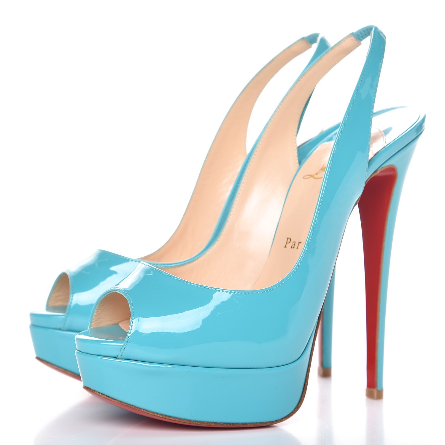 CHRISTIAN LOUBOUTIN Patent Lady Peep Sling 150 Pumps 38 Turquoise ...