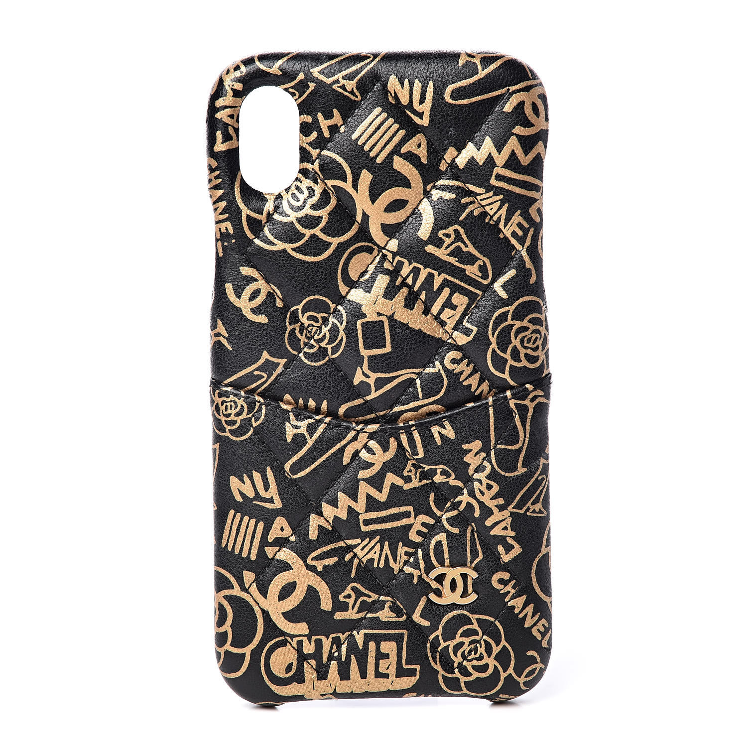 Chanel Lambskin Quilted Iphone Xr Coco Tech Egyptian Graffiti Case Black Gold Fashionphile