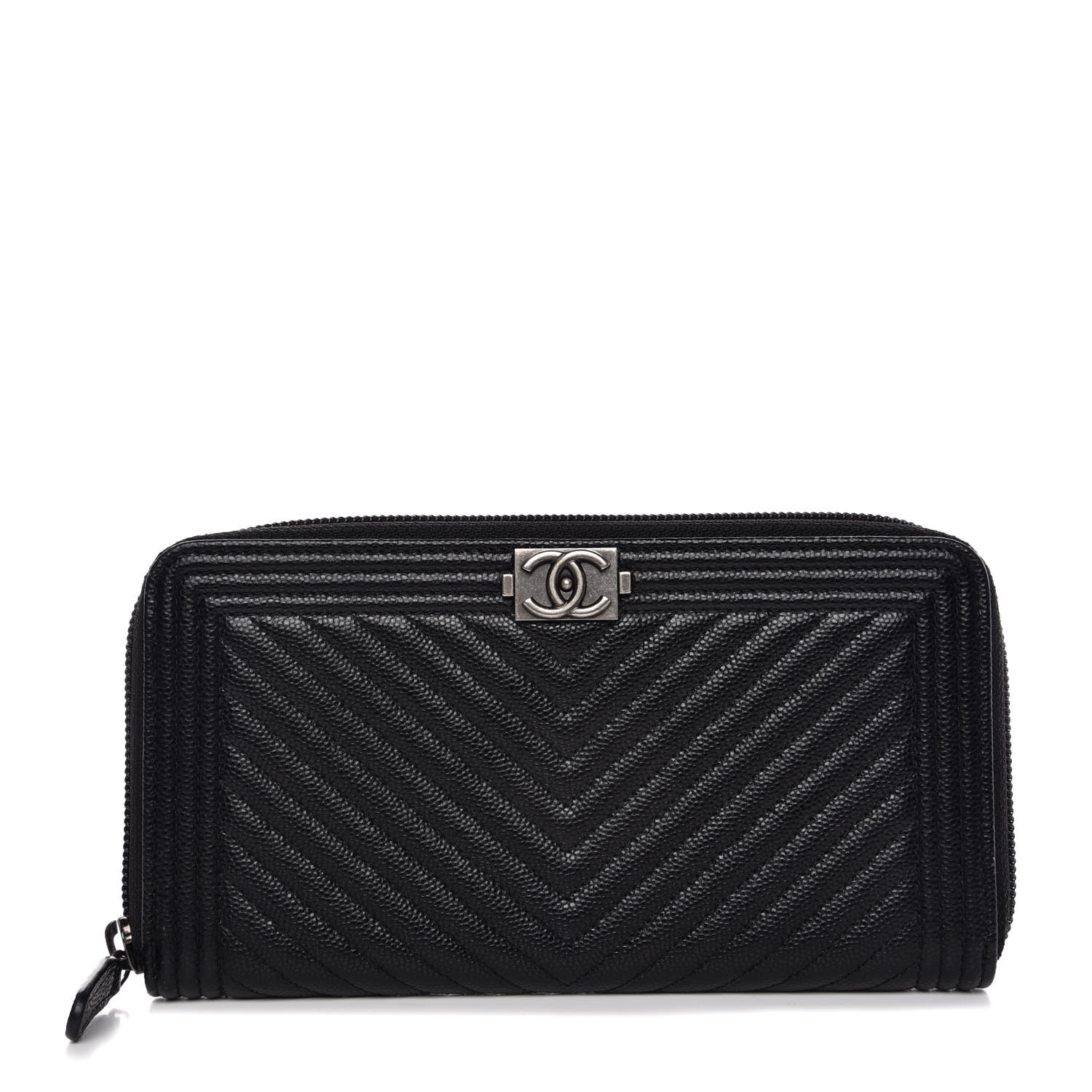 CHANEL Caviar Chevron Quilted Zip Around Boy Wallet Black 358993