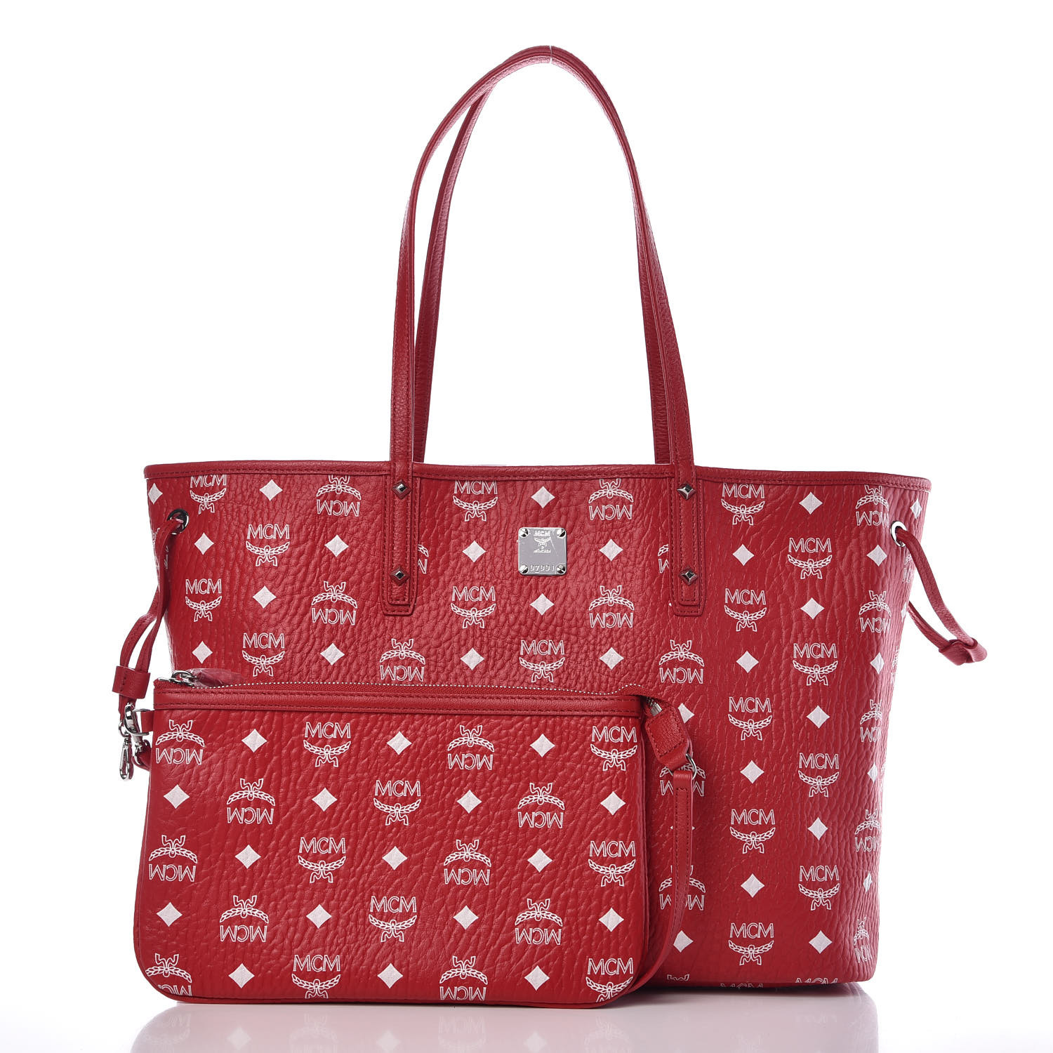 red mcm tote bag